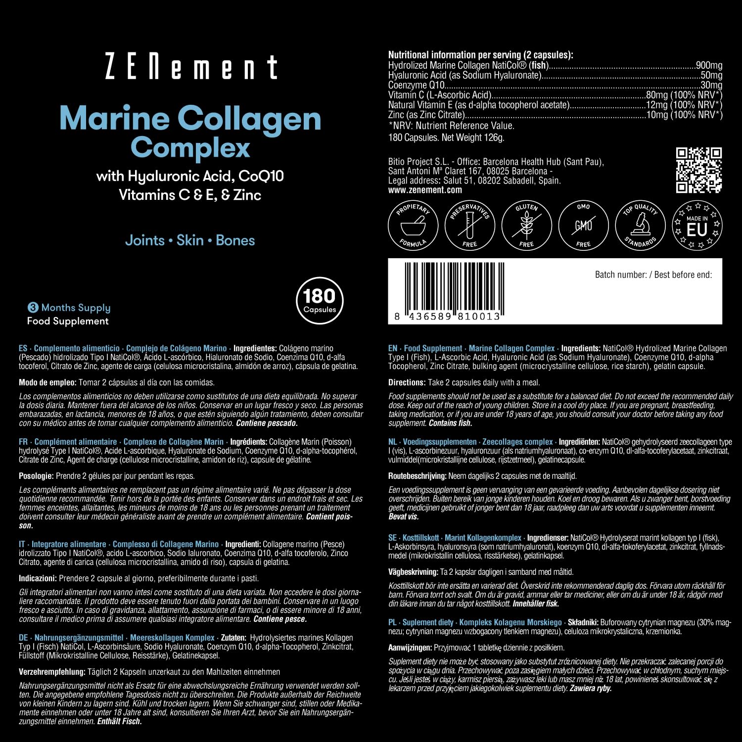 Marine Collagen Complex, with Hyaluronic Acid, CoQ10, Vitamins C & E, & Zinc, 180 Capsules Zenement