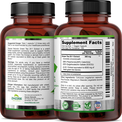Zazzee Extra Strength Green Tea 20:1 Extract, 6000 mg Strength, 50% EGCG