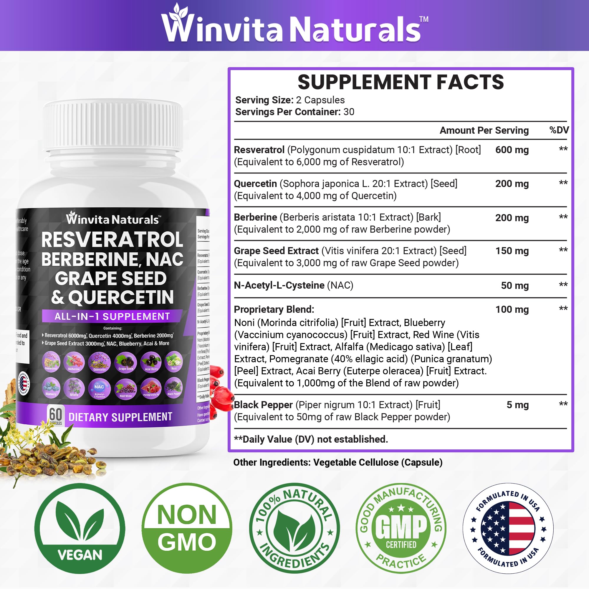 Resveratrol 6000mg Quercetin 4000mg Berberine 2000mg Grape Seed Extract 3000mg Winvita Naturals