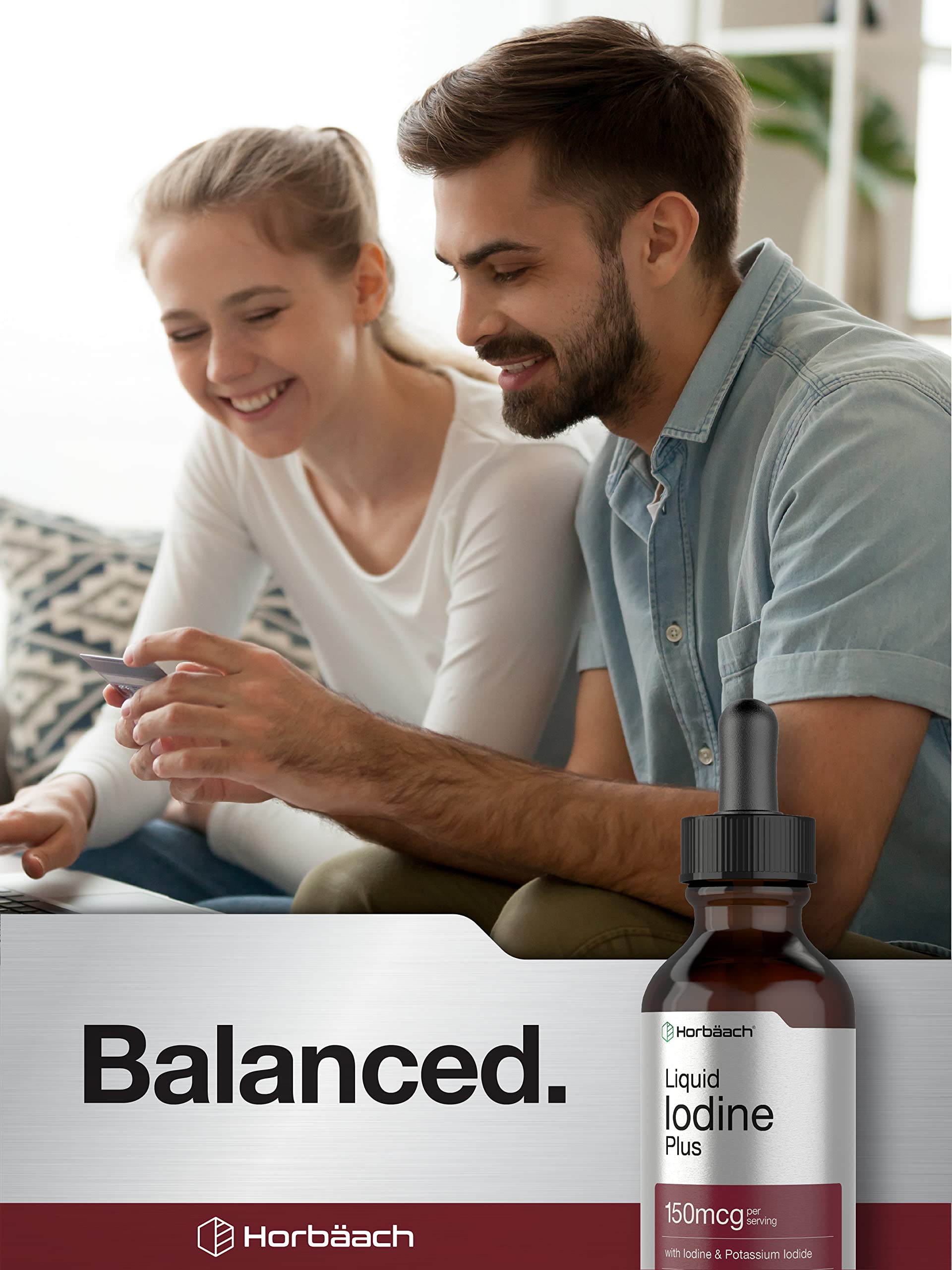 Liquid Iodine Solution Drops | 2 fl oz | 150 mcg | Iodine & Potassium Iodide Supplement Horbäach