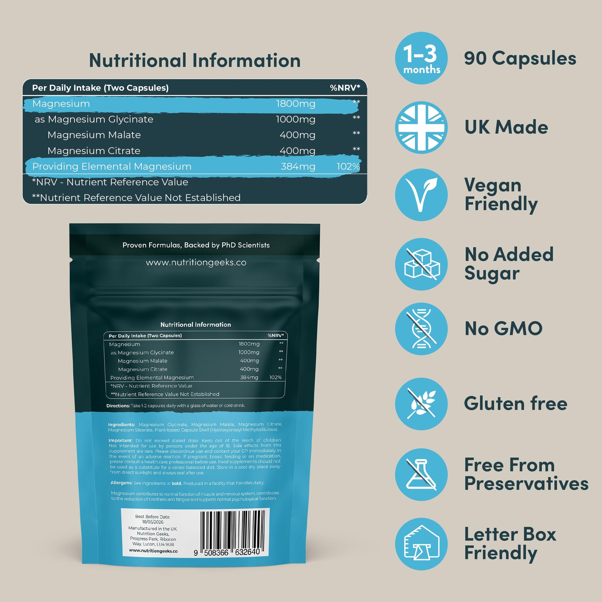 Magnesium Glycinate 3-in-1 Complex - 1800mg Supplements as Bisglycinate, Citrate Nutrition Geeks