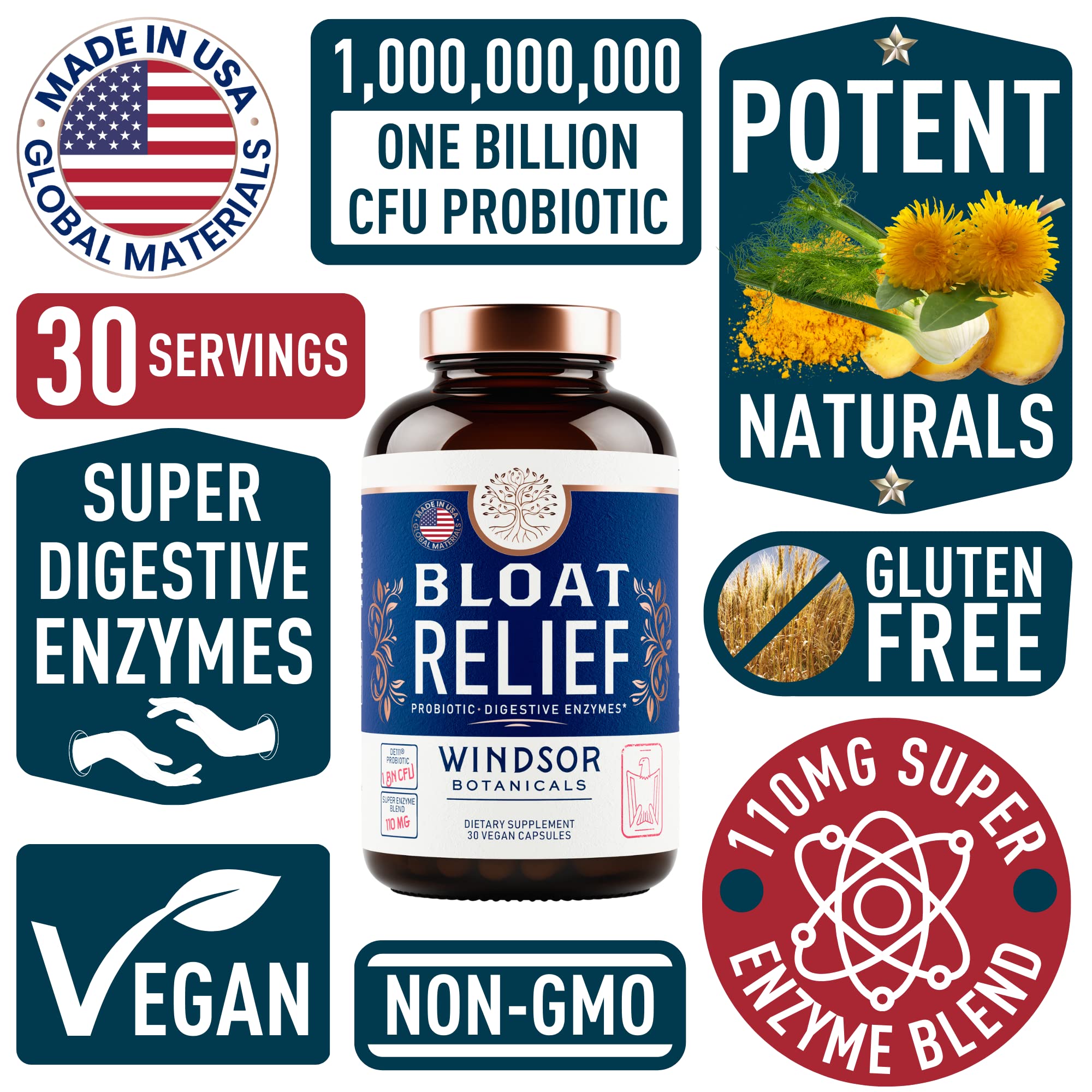 Bloat Relief Probiotic and Digestive Enzymes - Anti Bloating Turmeric, Fennel, Bromelain IBS WINDSOR BOTANICALS