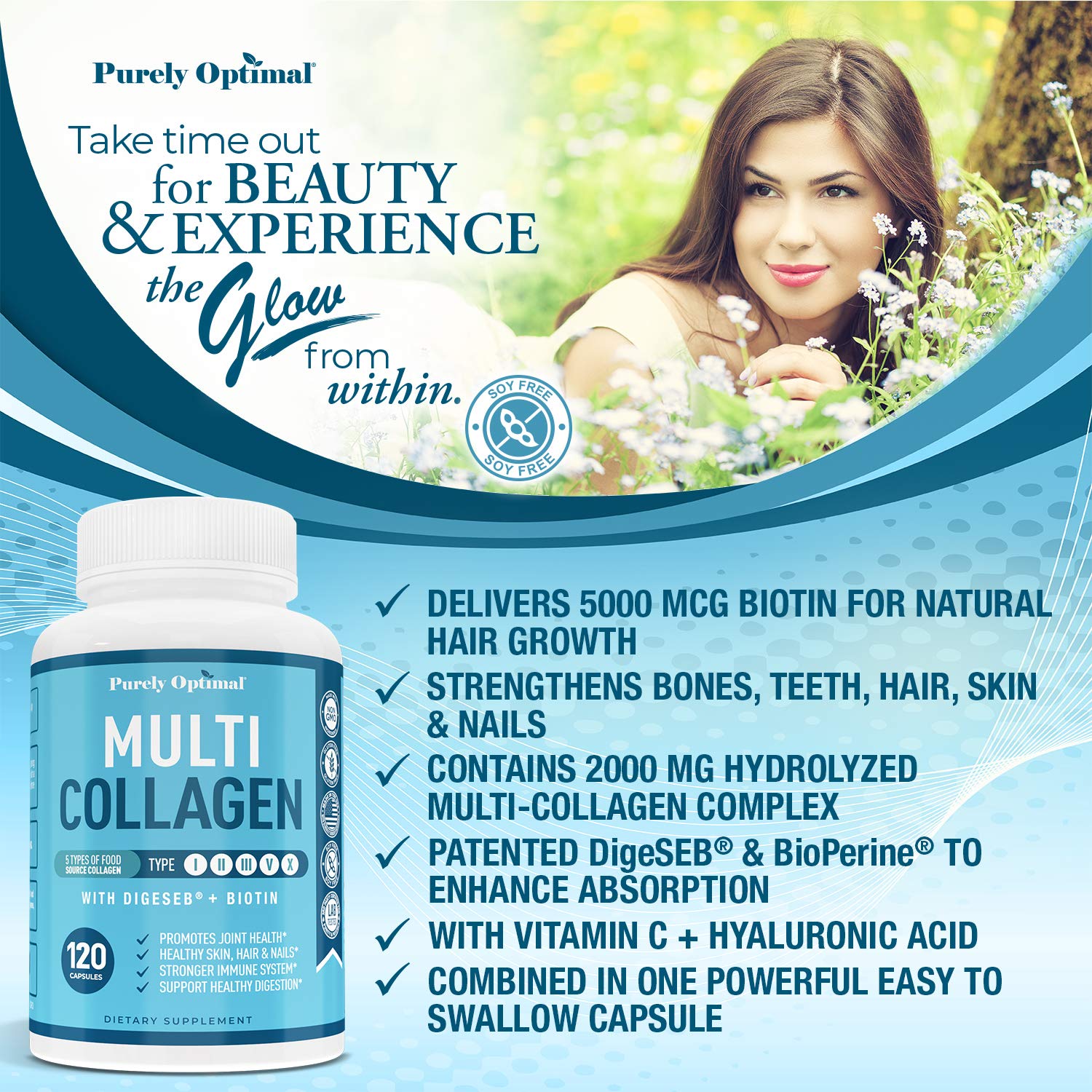 Premium Multi Collagen Peptides (Types I, II, II, V, X) - Collagen Pills for Skin Care Purely Optimal