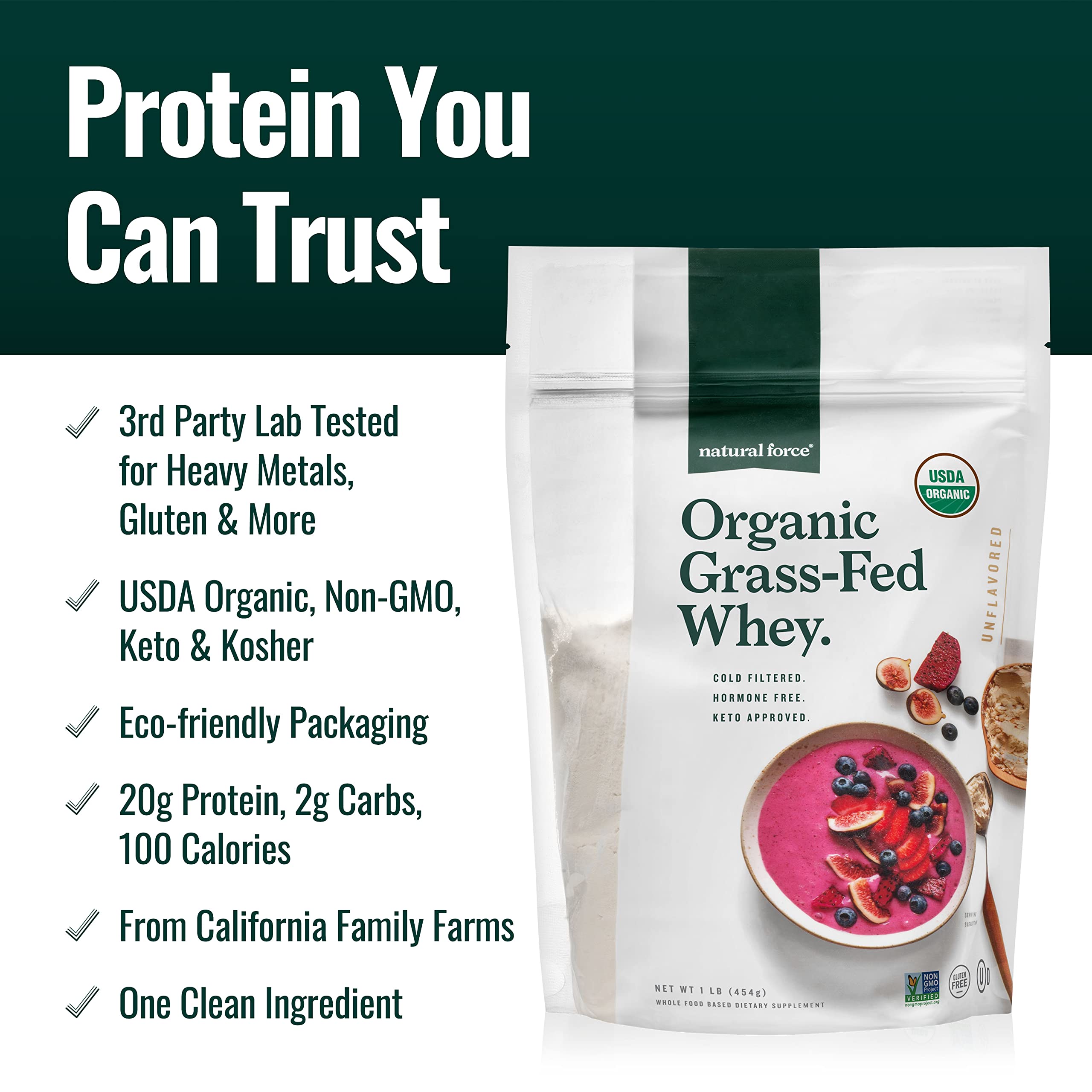 Natural Force Grass Fed Organic Whey Protein Powder – Non GMO Verified, Humane Natural Force