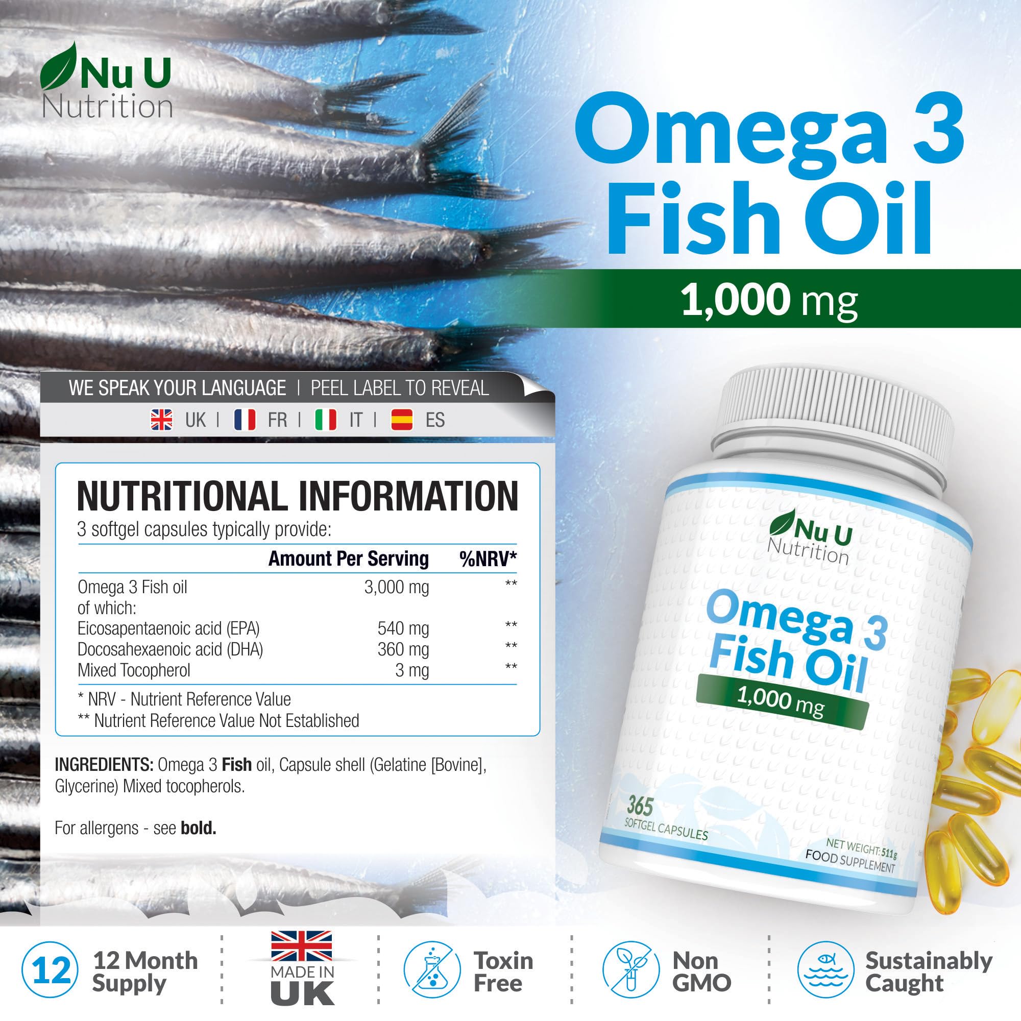 Omega 3 Fish Oil 1000mg - 365 Softgel Capsules - Up to 12 Month’s Supply - Pure Fish Oil Nu U Nutrition