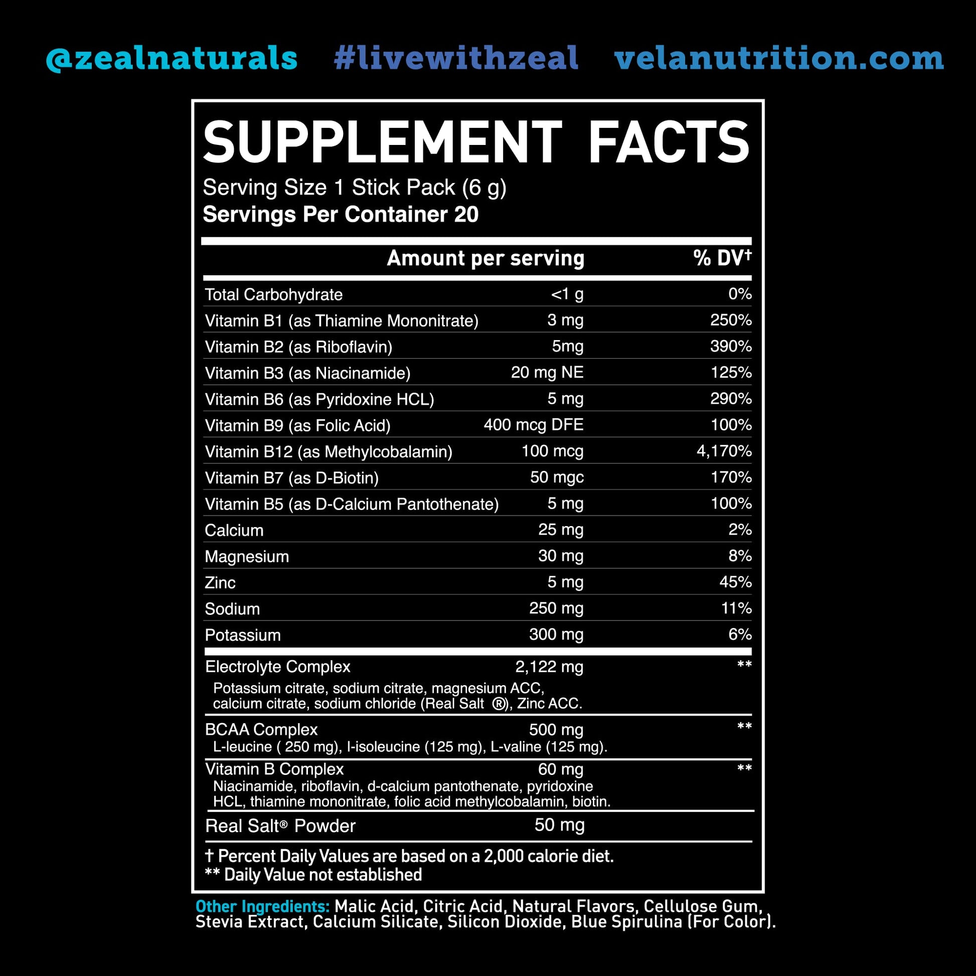 Enhanced Powder Stick Packs (Blue Raspberry - 20 Packets) Sugar Free + BCAA B-Vitamin Zeal Naturals
