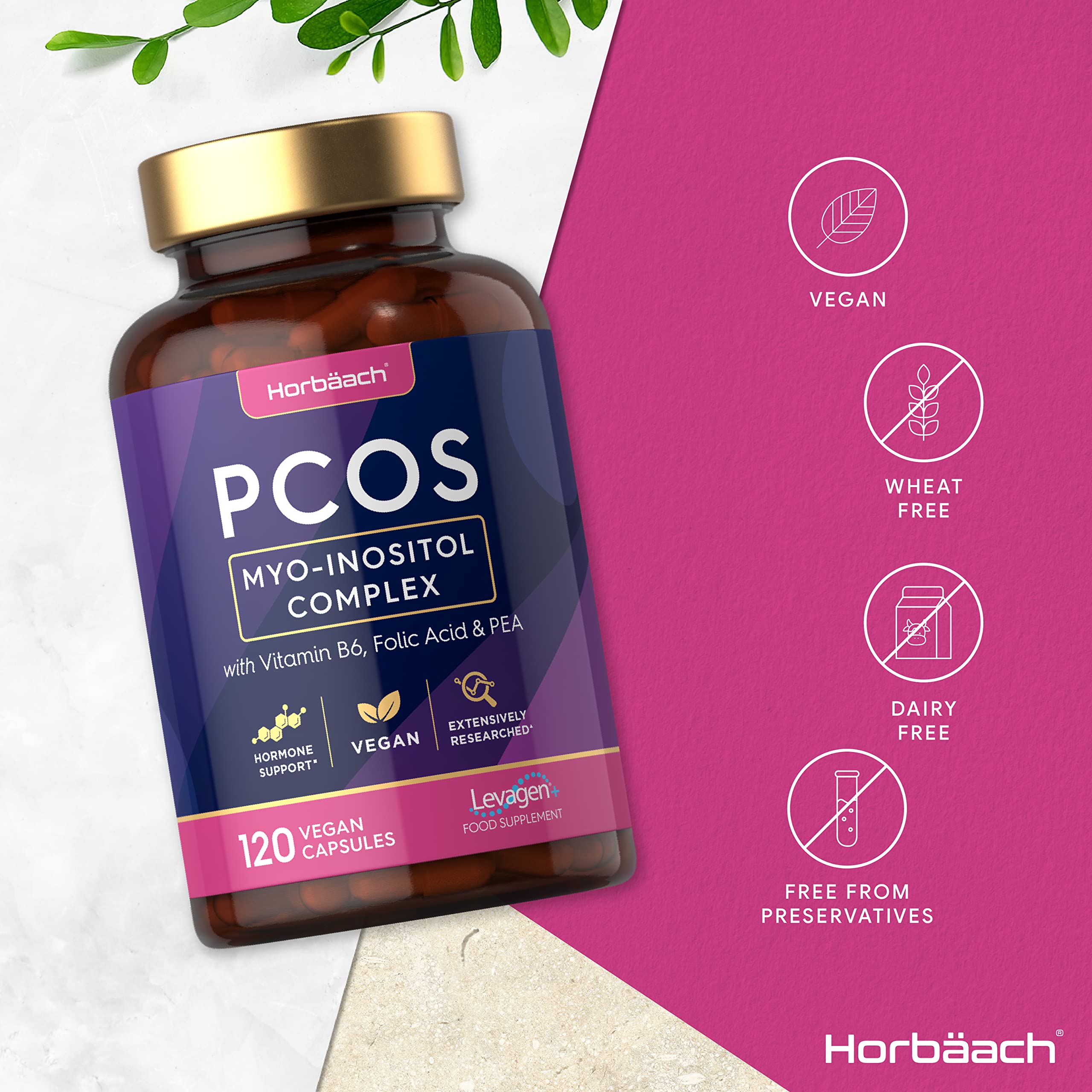 Inositol Supplement for PCOS | 120 Vegan Capsules | Myo-Inositol Complex with Folic Acid Horbäach