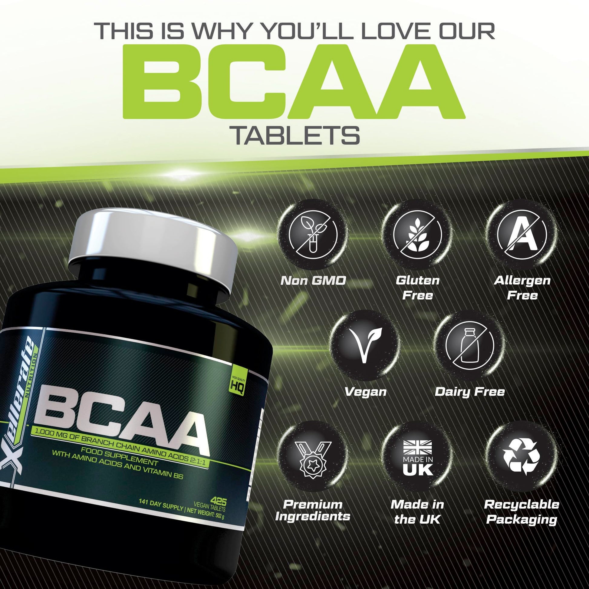 BCAA 1000mg - 425 Vegan Tablets - 3000mg Daily Serving - 141 Day Supply - 2:1:1 BCAAs Xellerate NUTRITION