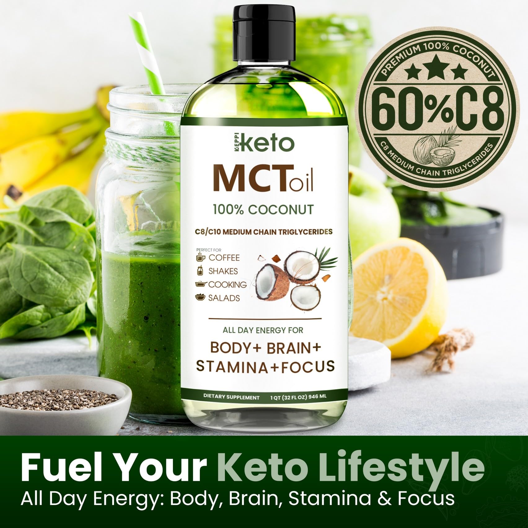 Keppi Flavorless MCT Oil - C8 and C10 for Keto Diet, Non-GMO, Certified Gluten-Free Keppi