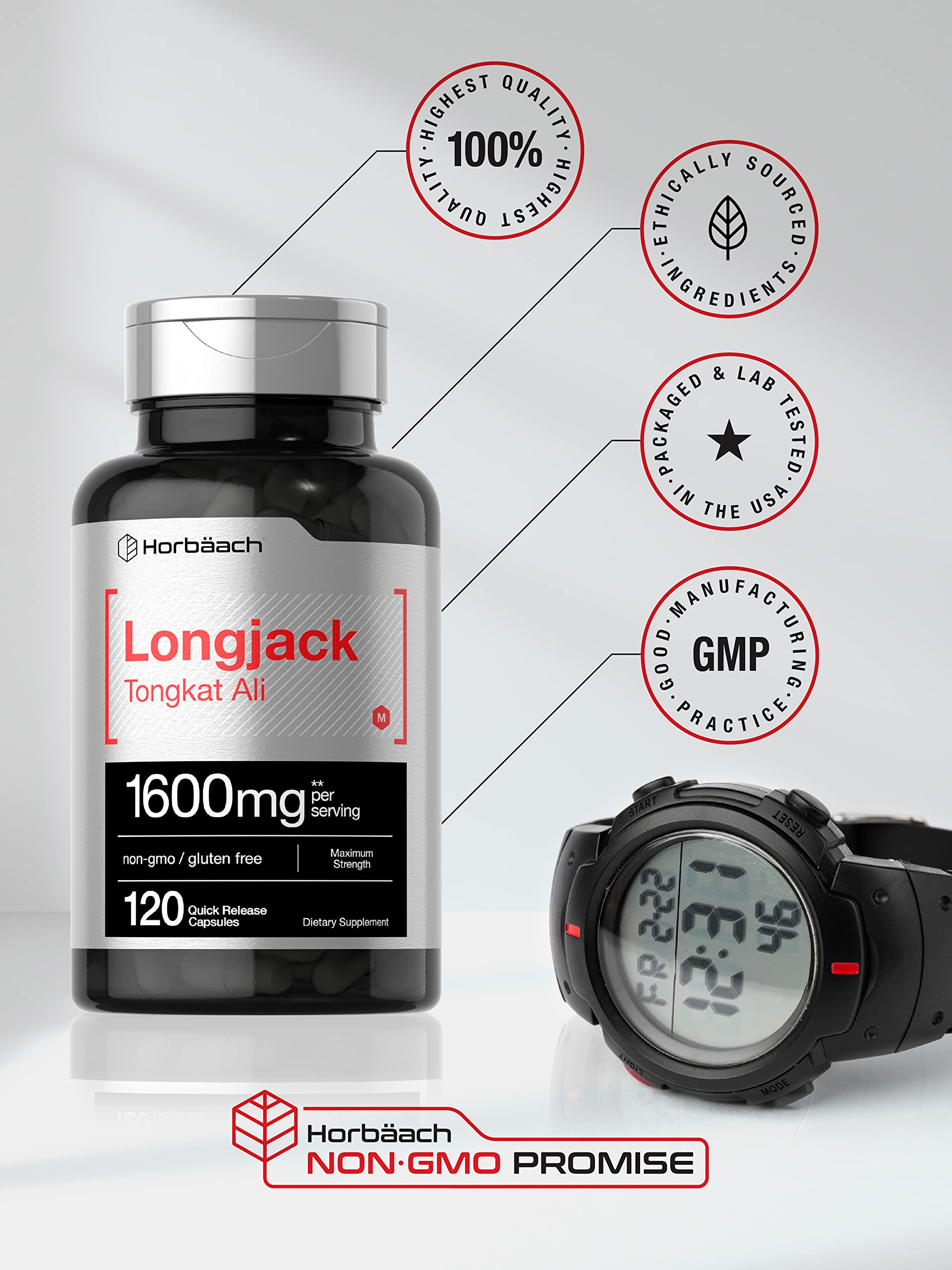 Longjack Tongkat Ali 1600 mg | 120 Capsules | Longifolia Root Extract Powder | Maximum Horbäach