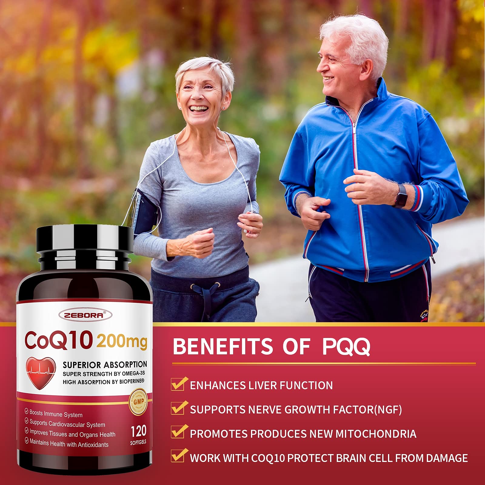 CoQ10-200mg-Softgels with PQQ, BioPerine & Omega-3, 120 Servings Coenzyme Q10 ZEBORA
