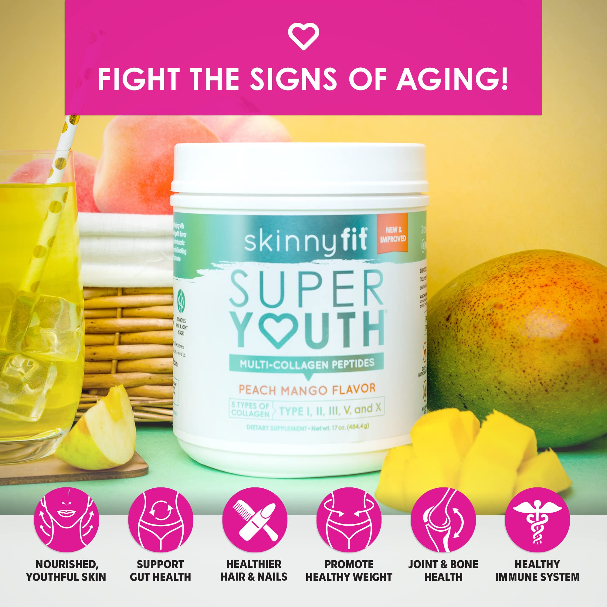 SkinnyFit Super Youth Multi-Collagen Peptides Plus Apple Cider Vinegar, Hyaluronic Acid SkinnyFit