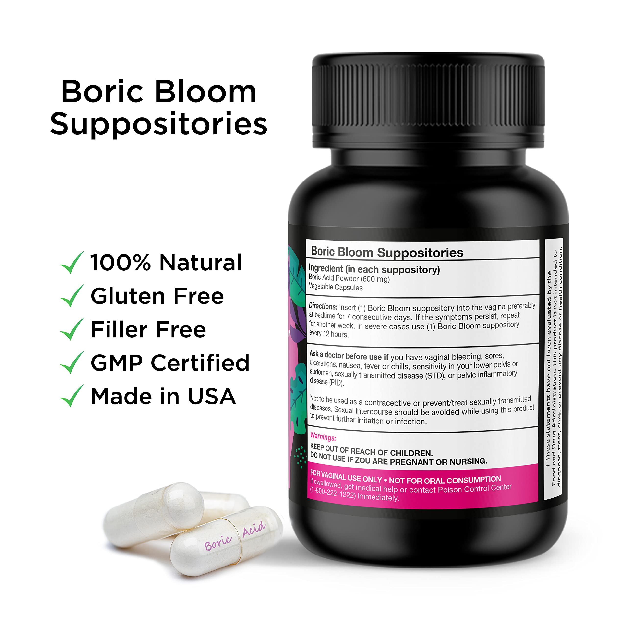 Boric Acid Suppositories - Vaginial Suppository Bacterial Vaginosis, pH Balance for Women Pills Yoni Peach Care