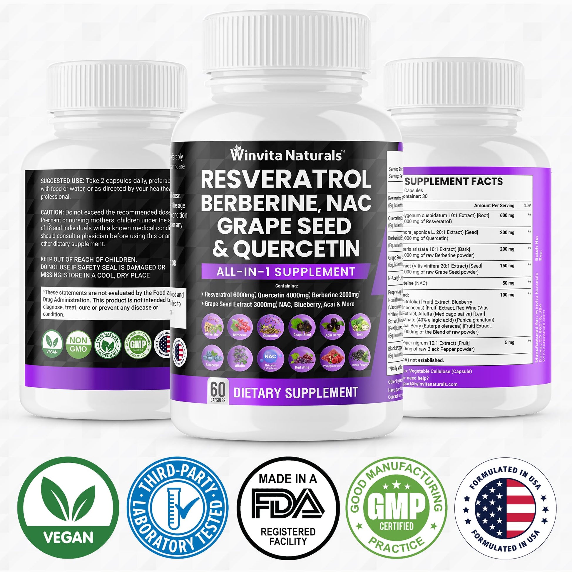Resveratrol 6000mg Quercetin 4000mg Berberine 2000mg Grape Seed Extract 3000mg Winvita Naturals