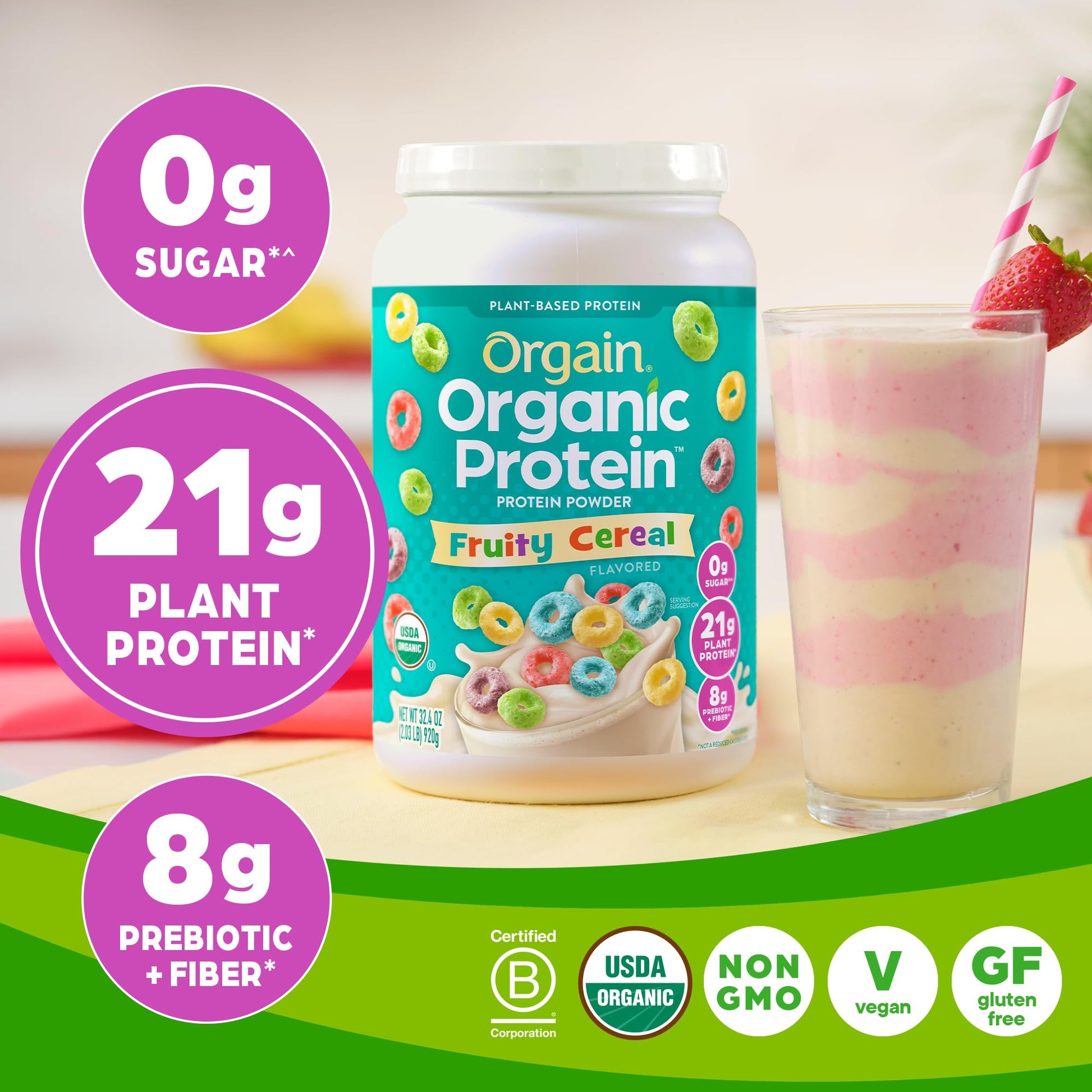 Orgain Organic Vegan Protein Powder, Fruity Cereal - 21g Plant Based Protein, Gluten Free Orgain