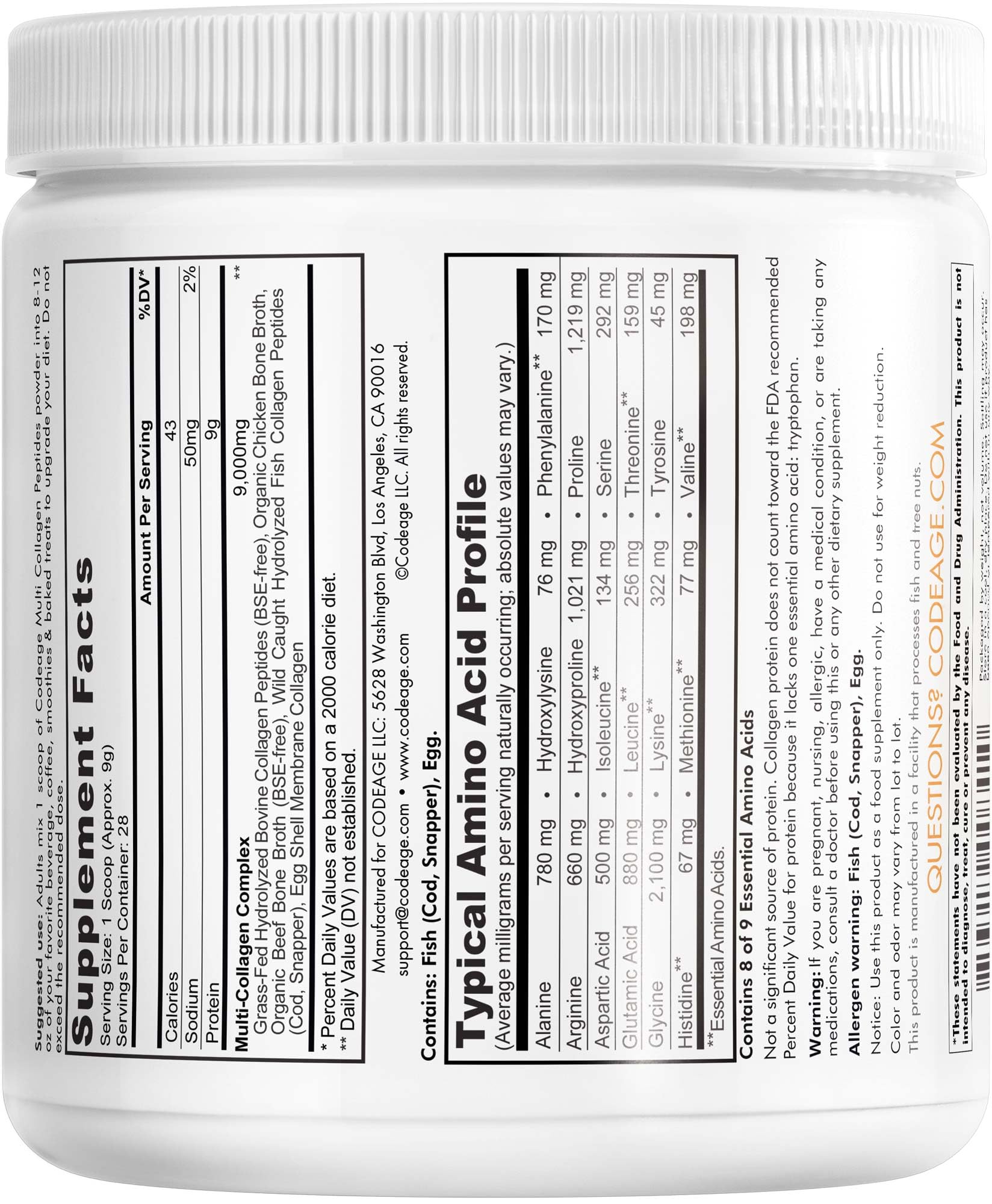 Codeage Multi Collagen Protein Powder Peptides, Hydrolyzed, Type I, II, III, V, X Grass Fed All in One Super Bone Codeage