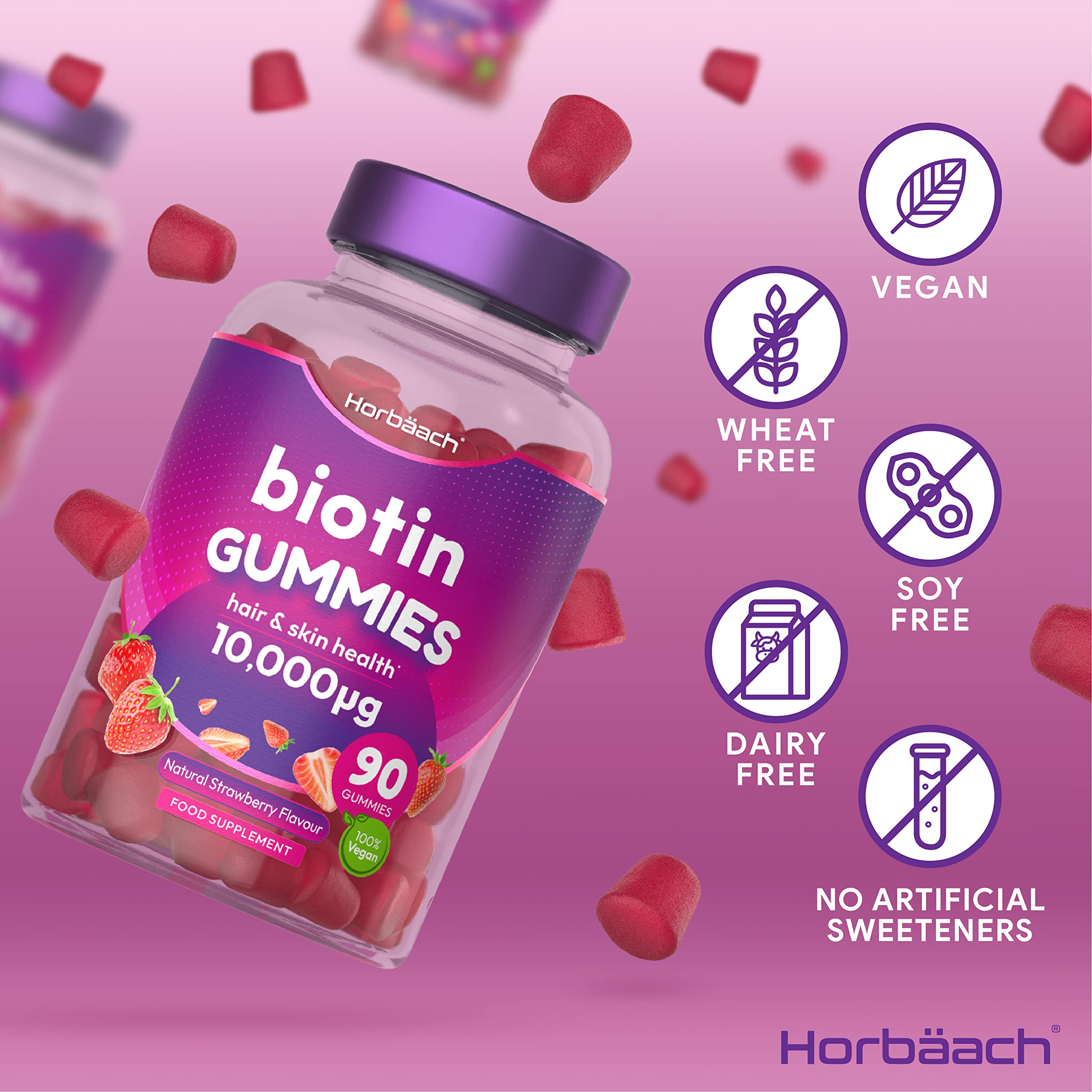 Biotin Gummies 10,000mcg | 90 Vegan Vitamins | Natural Strawberry Flavour Horbäach