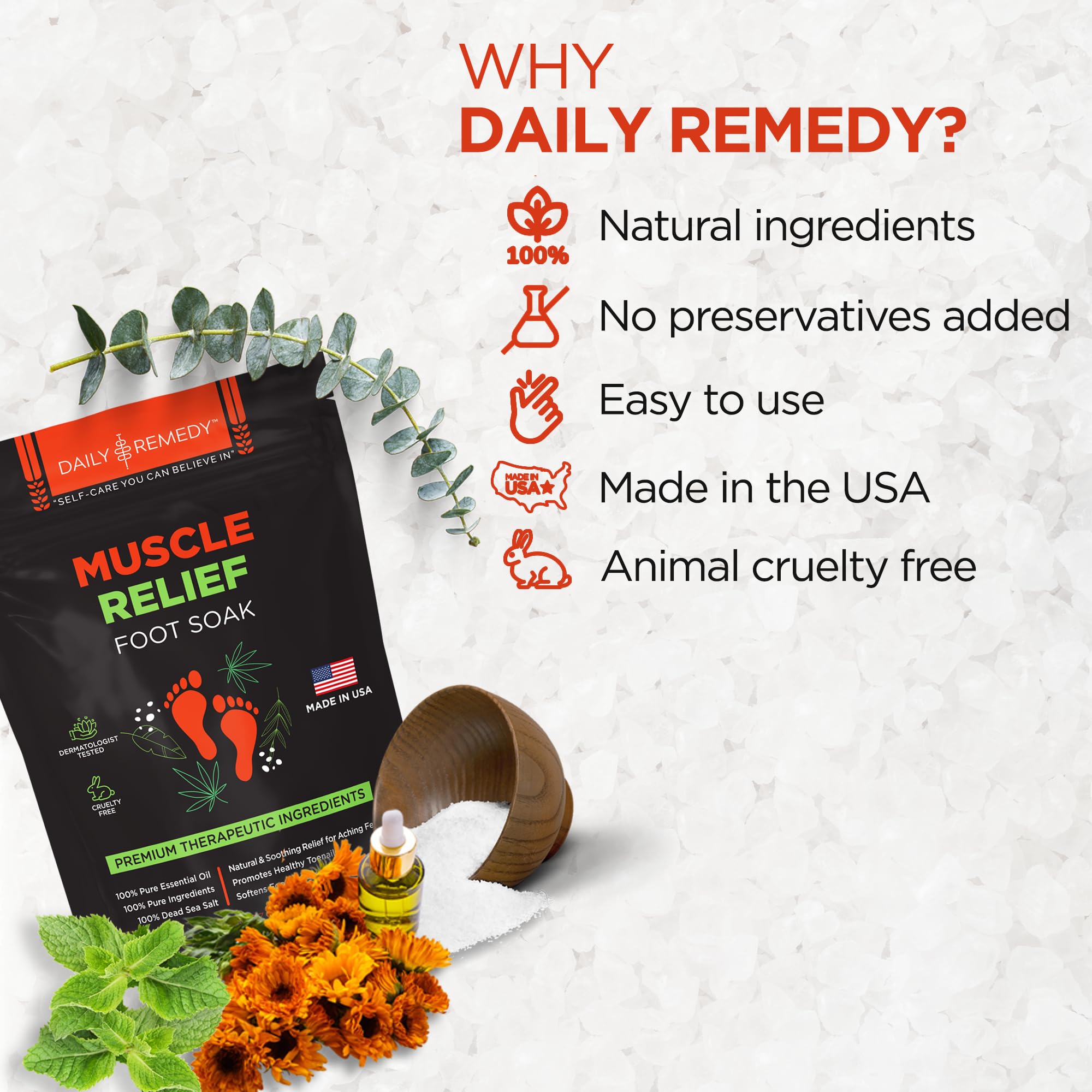 Muscle Relief Foot Soak with Epsom Salt, Made in USA, Soothe Foot Aches, Muscle Pain DAILY REMEDY