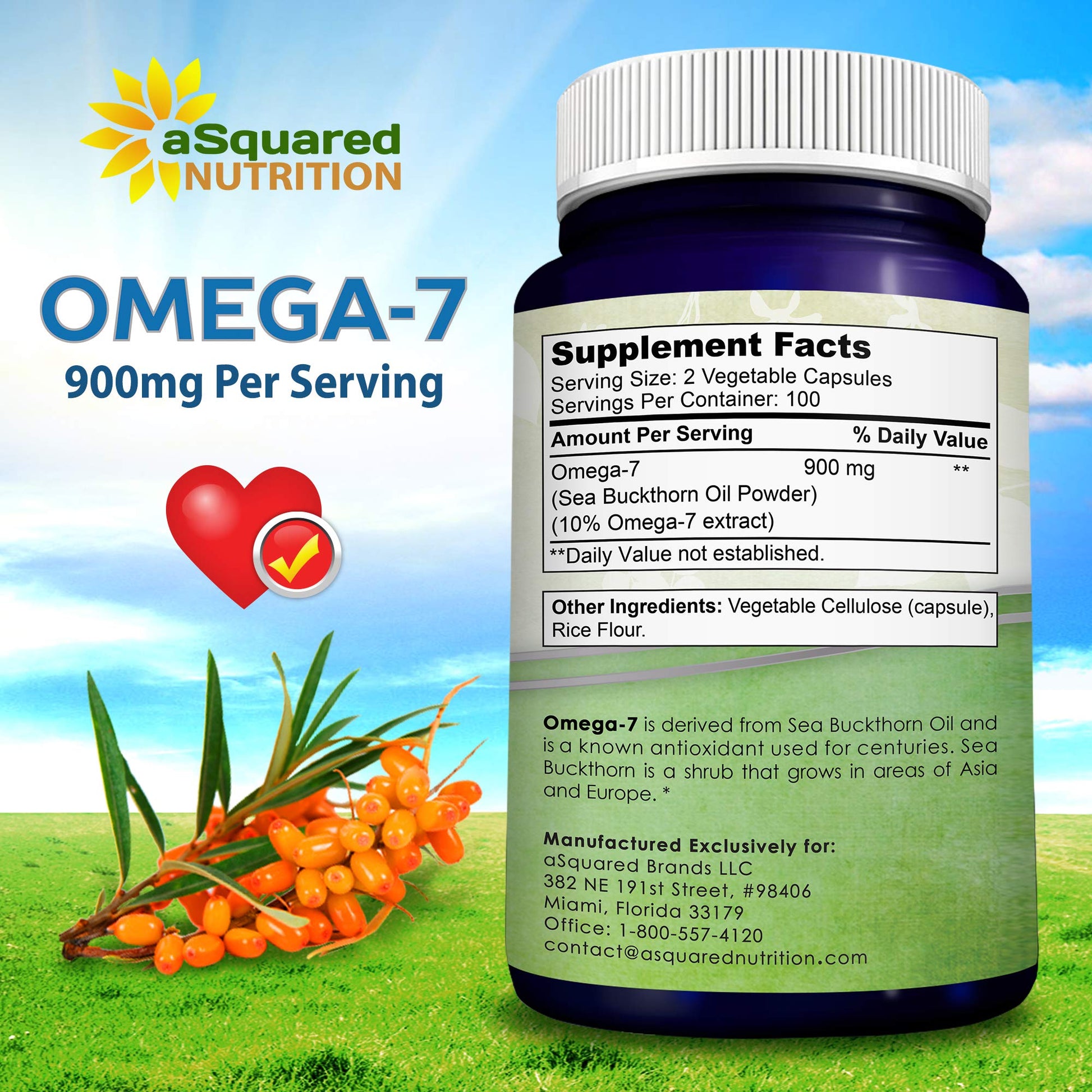 aSquared Nutrition Purified Omega 7 Fatty Acids-200 Capsules from Natural Sea Buckthorn aSquared Nutrition