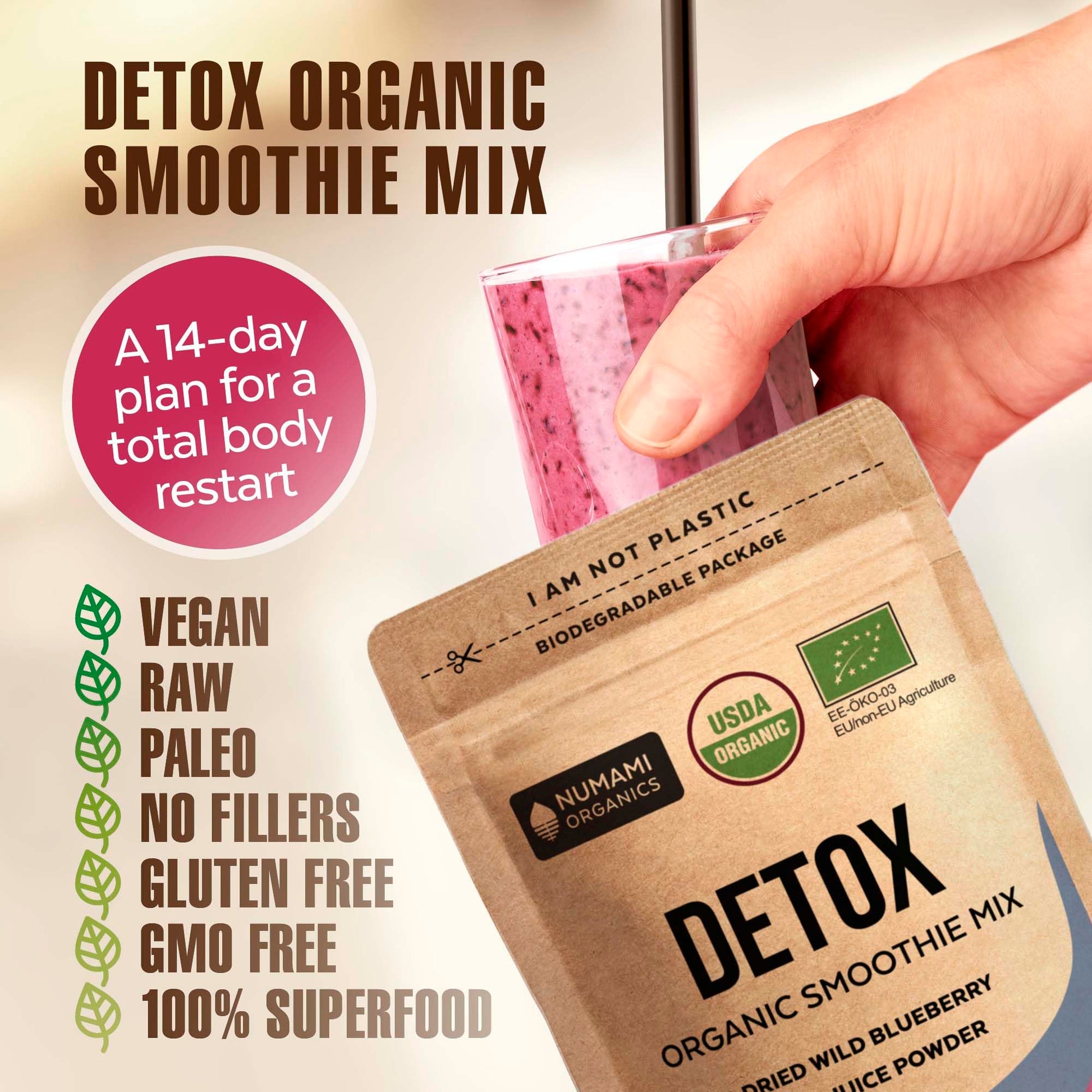 Numami Organic Detox Blueberry Smoothie Powder with Healthy Spirulina, Atlantic Dulse Numami