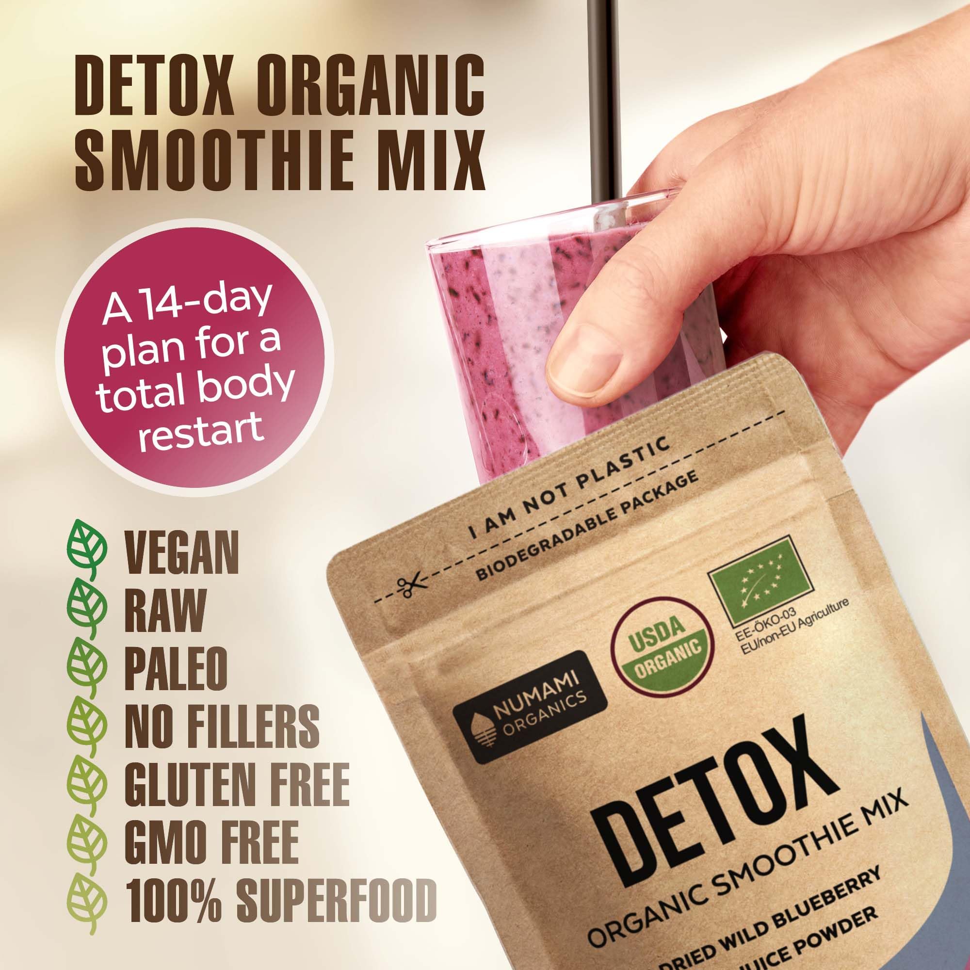 Numami Organic Detox Blueberry Smoothie Powder with Healthy Spirulina, Atlantic Dulse Numami