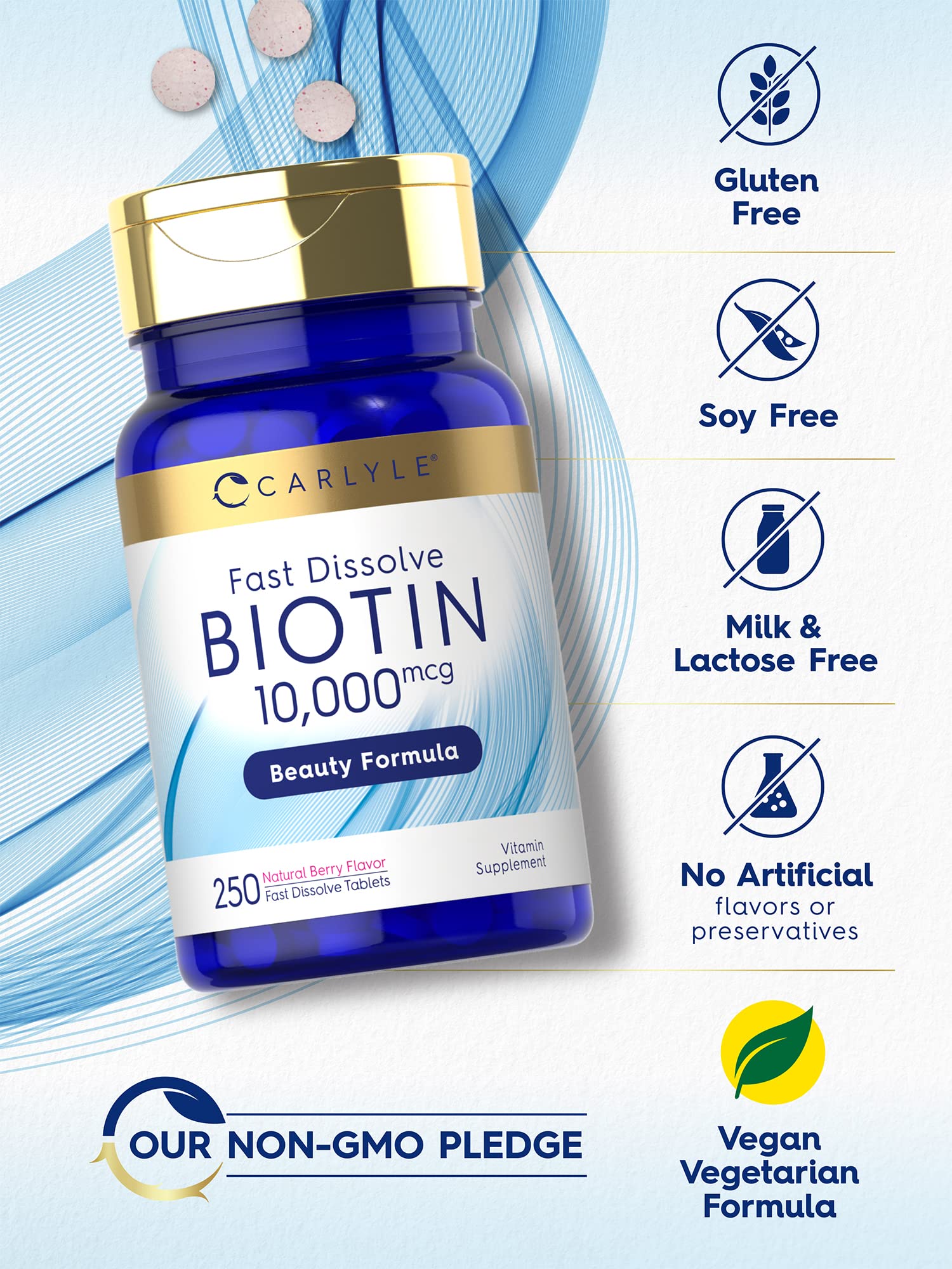 Carlyle Biotin 10000mcg | 250 Fast Dissolve Tablets | Max Strength | Vegetarian, Non-GMO Carlyle