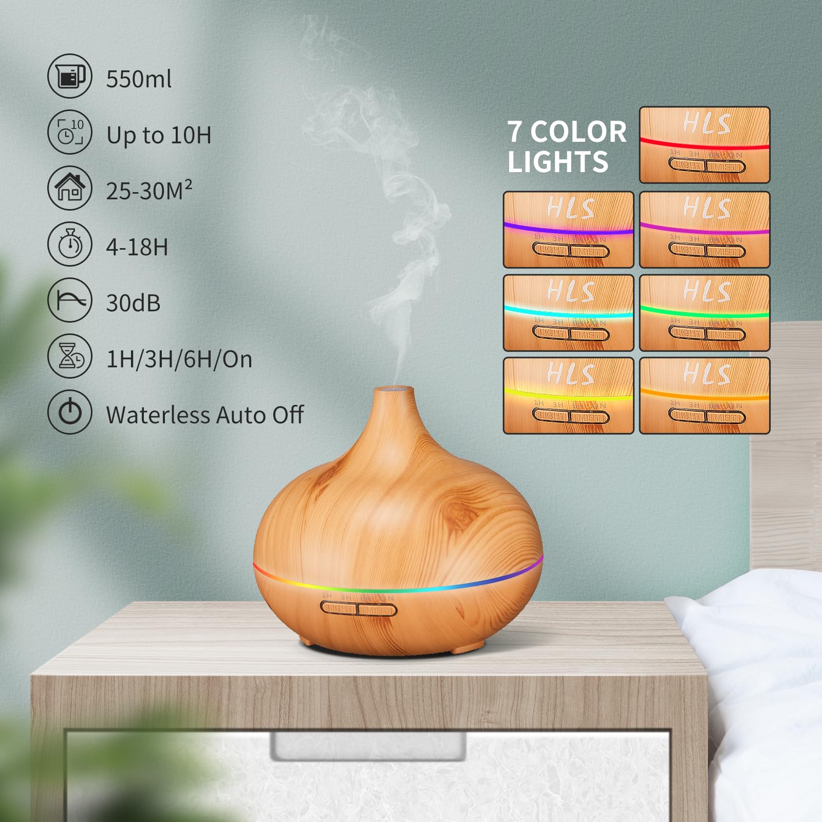 HLS 550ml Aroma Diffusers for Essential Oils Large Room with 10 Essential Oils,Ultrasonic Aromatherapy HLS