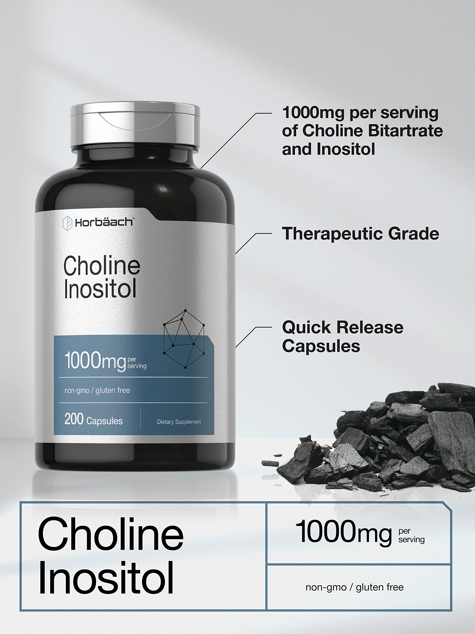 Choline Inositol 1000mg Supplement | 200 Capsules | Non-GMO, Gluten Free | by Horbaach Horbäach