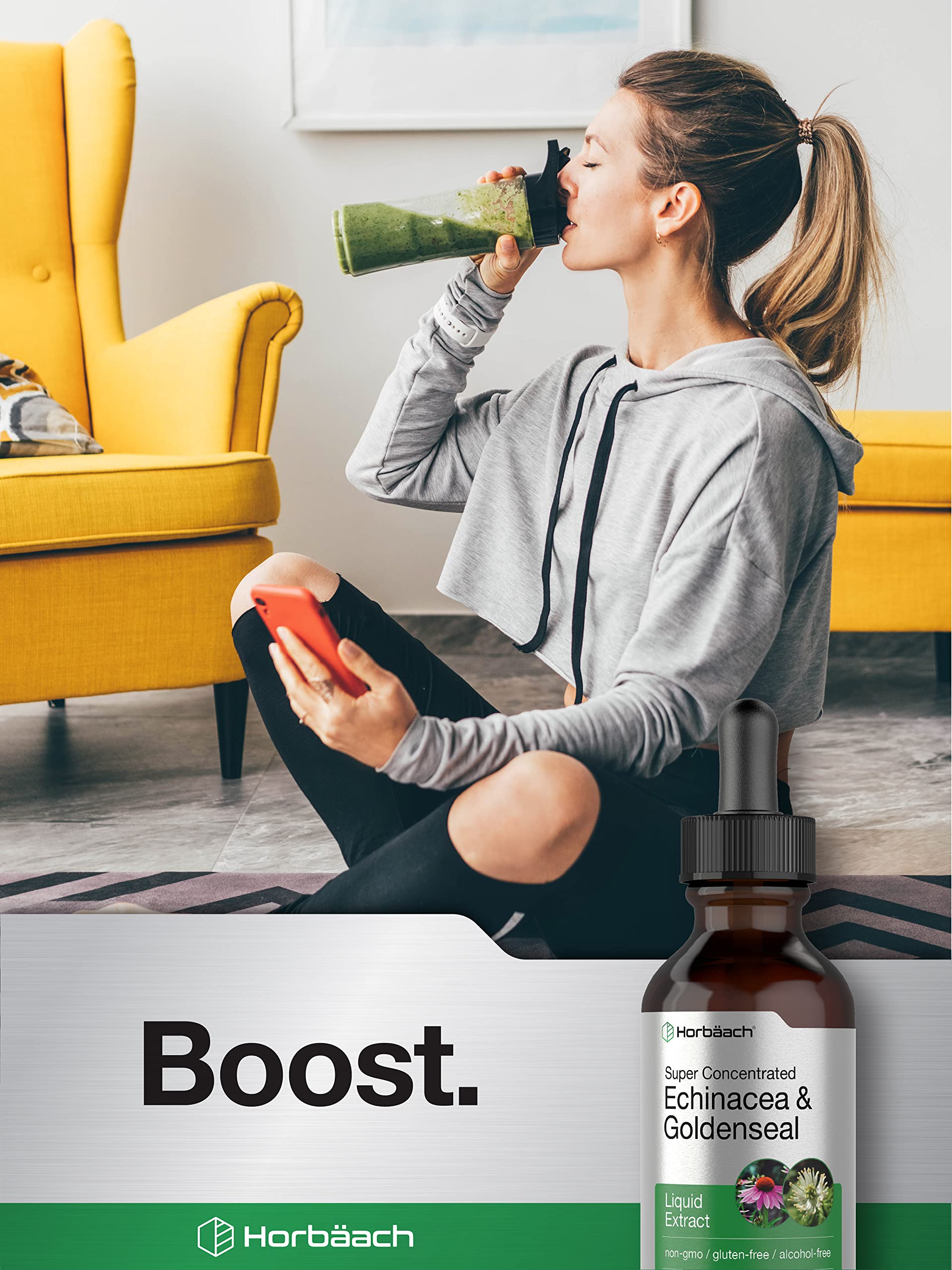 Echinacea Goldenseal Liquid Extract | 2 fl oz | Alcohol Free Tincture Drops | Vegetarian Horbäach