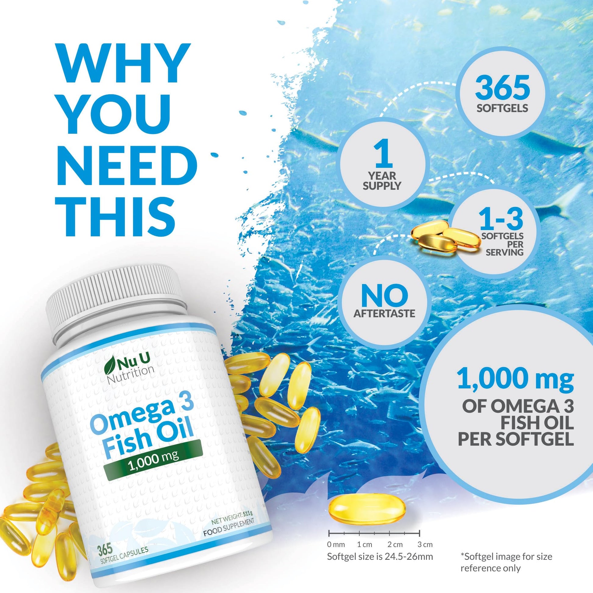 Omega 3 Fish Oil 1000mg - 365 Softgel Capsules - Up to 12 Month’s Supply - Pure Fish Oil Nu U Nutrition