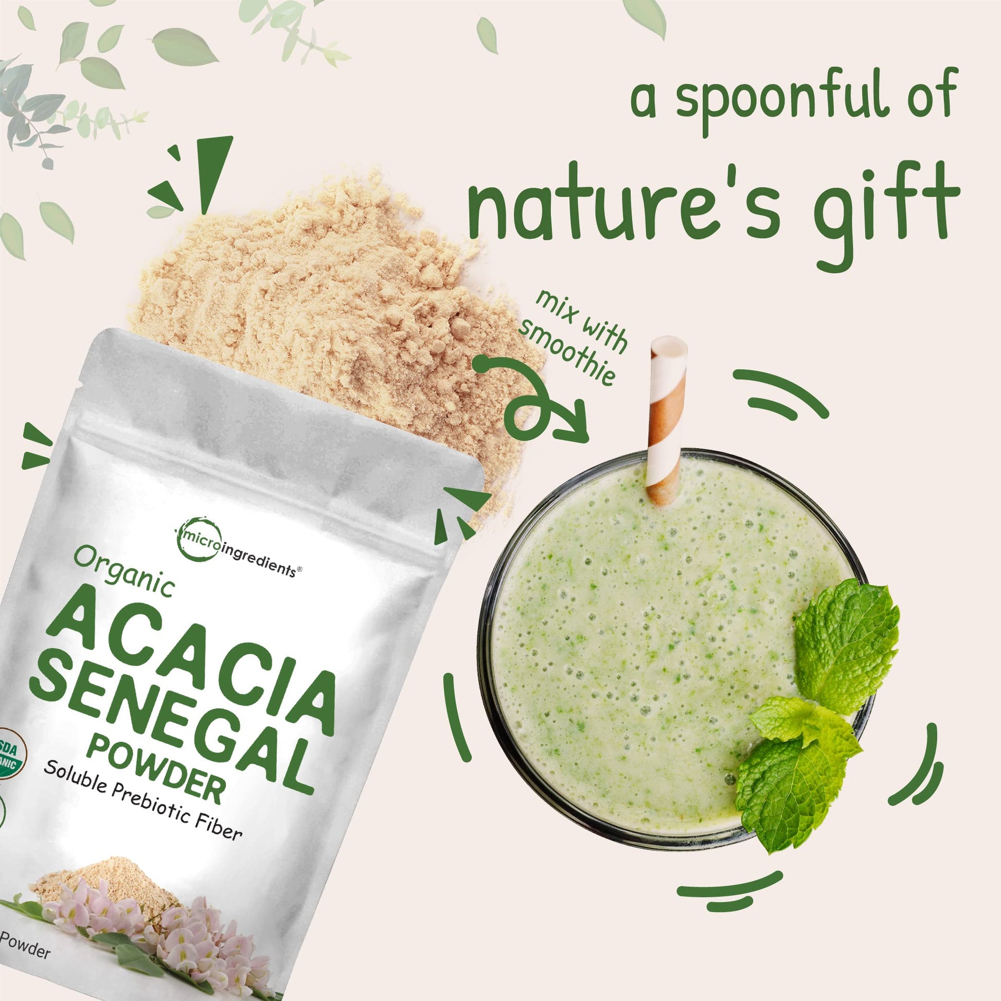 Micro Ingredients Organic Acacia Senegal Powder, 2 Pounds (32 Ounce), Instant Soluble Micro Ingredients