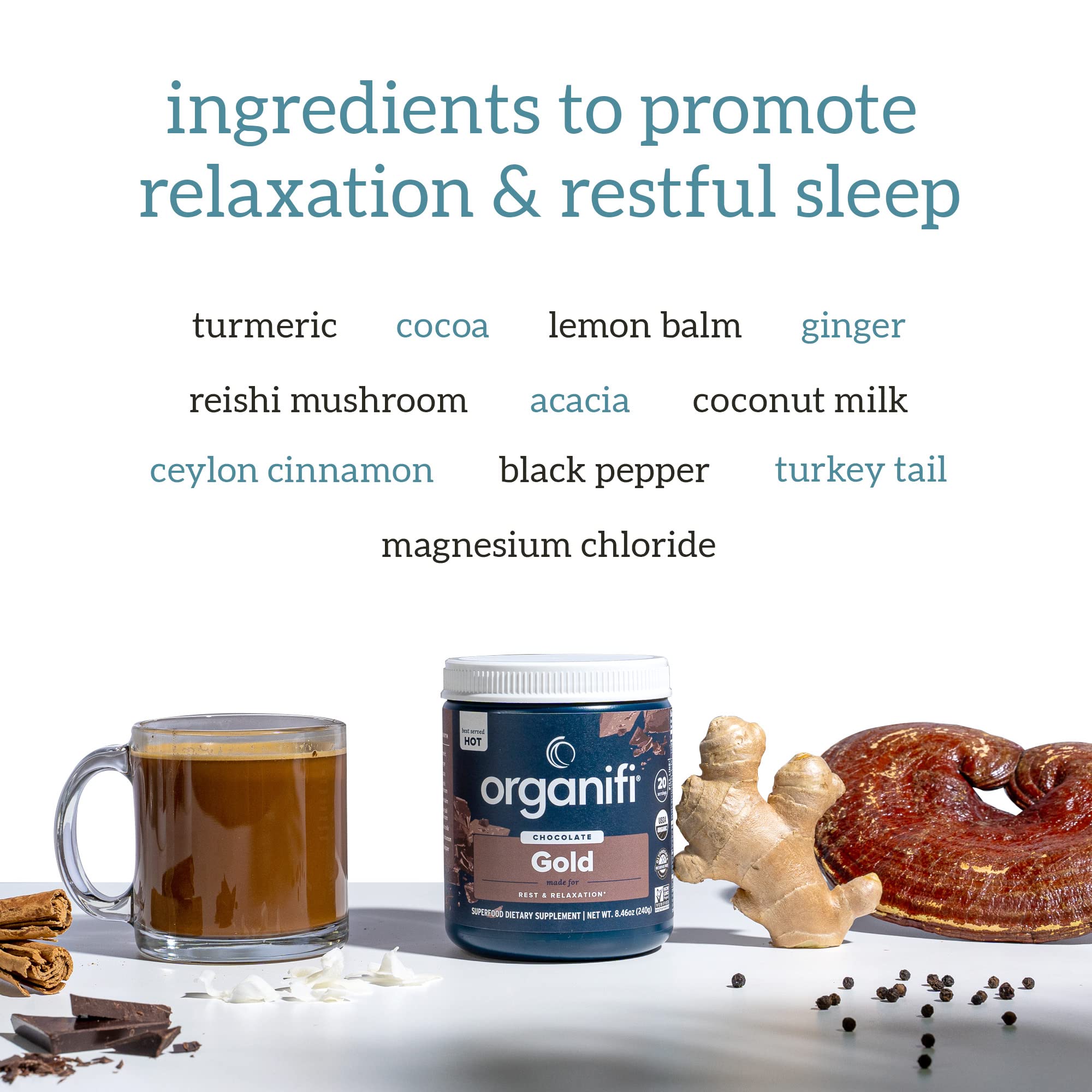 Organifi - Gold Chocolate - Superfood Supplement Powder - 20 Day Supply - Supports Rest Organifi