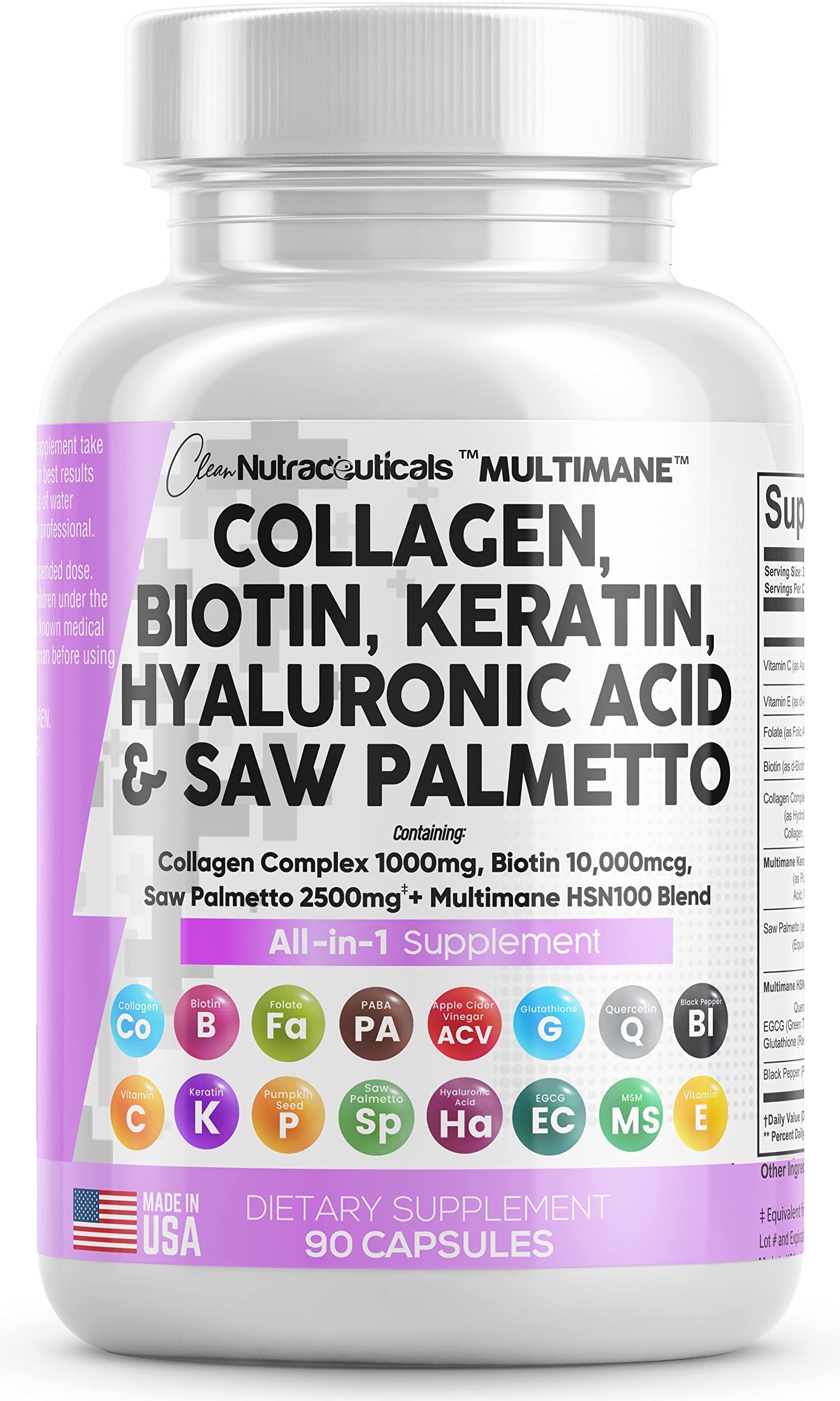 Collagen Pills 1000mg Biotin 10000mcg Keratin Saw Palmetto 2500mg 90 Ct
