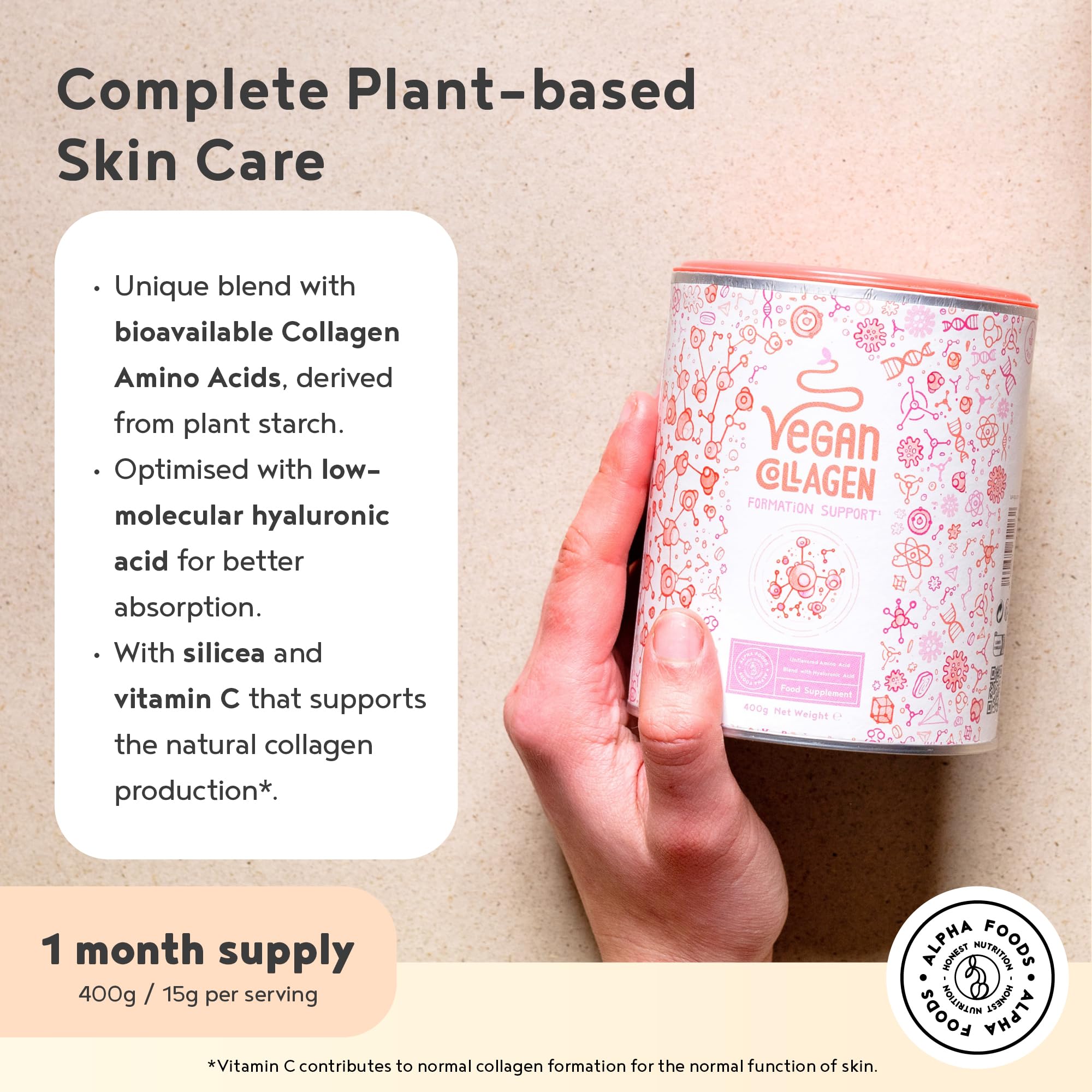 Vegan Collagen Powder with Hyaluronic Acid - Unflavoured 400g Powder Alpha Foods