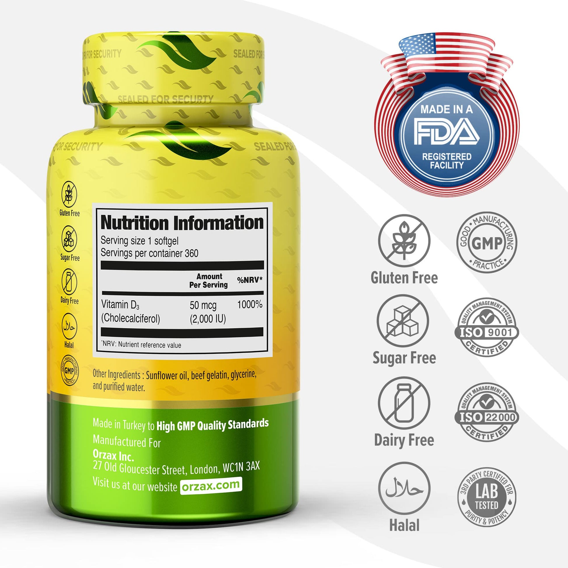 ORZAX Vitamin D3 2000 iu (50 mcg) - 1 Year Supply for Strong Muscle Function ORZAX