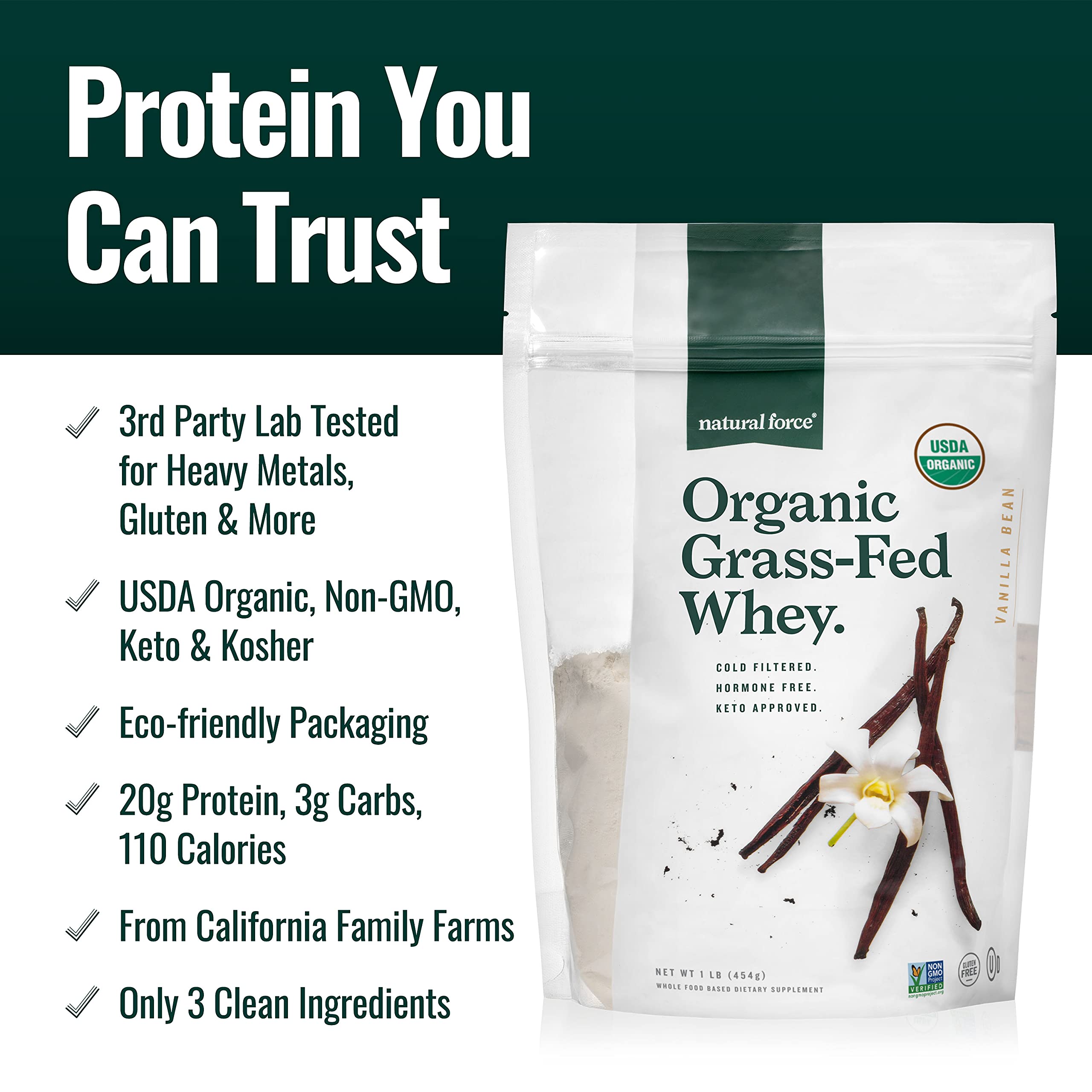 Natural Force Grass Fed Organic Whey Protein Powder – Non GMO Verified, Humane Natural Force