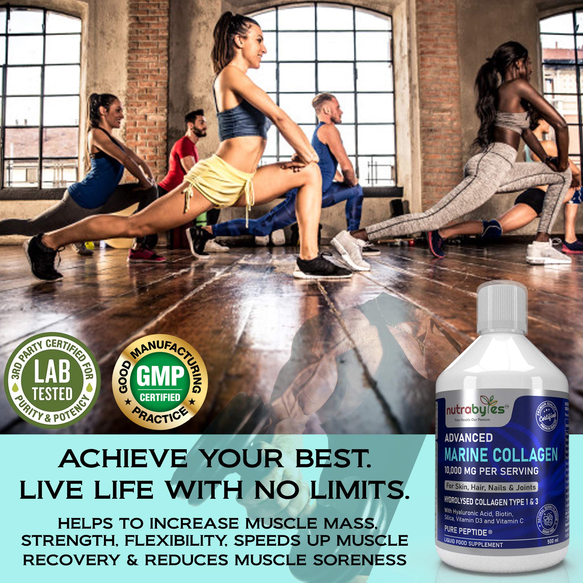 Marine Collagen Liquid 10000mg Sugar Free, Hydrolysed Peptides | Hyaluronic Acid, Biotin, Silica, Vitamin C, Vitamin D3 NUTRABYTES