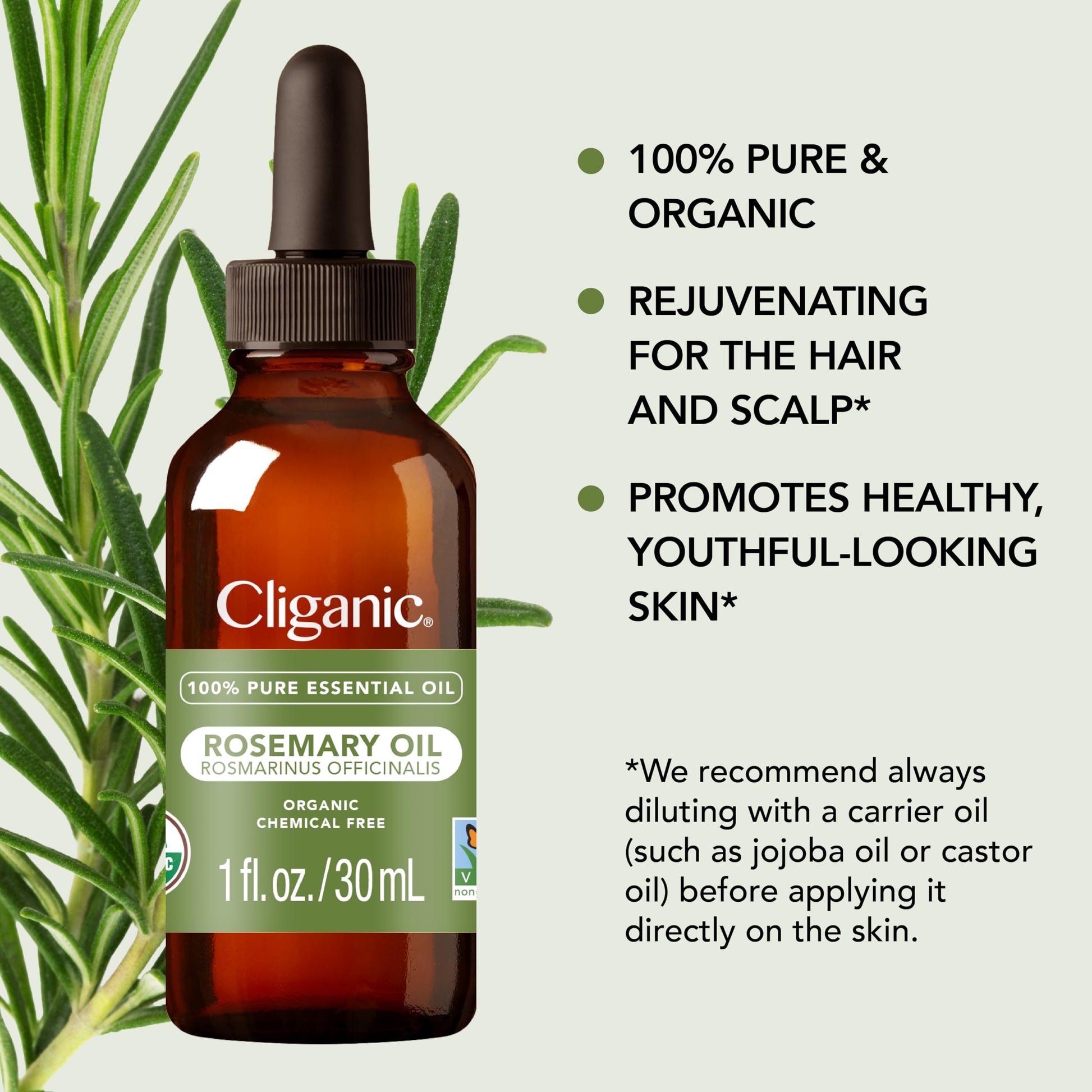Cliganic Organic Rosemary Essential Oil for Hair, Skin, Aromatherapy - 100% Pure Natural Undiluted Cliganic