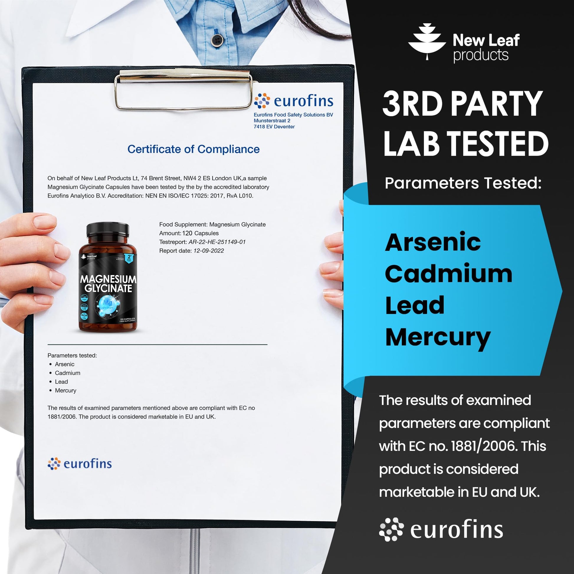 Magnesium Glycinate Supplements - 1040mg of Magnesium - 120 High Strength Capsules NEW LEAF PRODUCTS