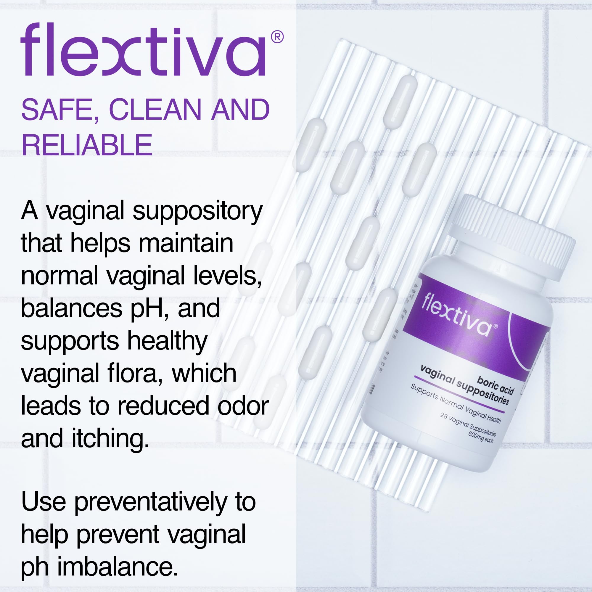 Flextiva Boric Acid Vaginal Suppositories - Boric Acid Pills for Women - Vaginal Health pH Balance for Women Flextiva