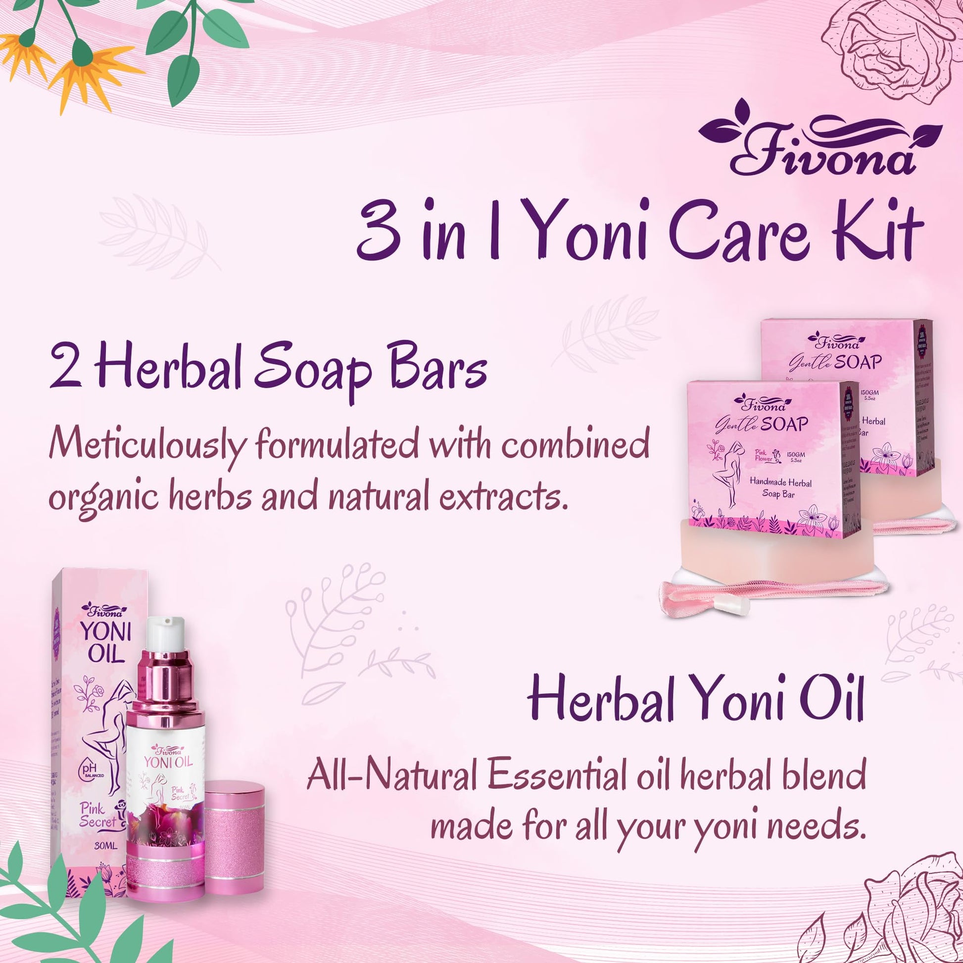 FIVONA 3 in 1 Set of Yoni Oil with 2 Yoni Soap Bars - Feminine pH Balanced Natural Vaginal Oil 30 ml FIVONA