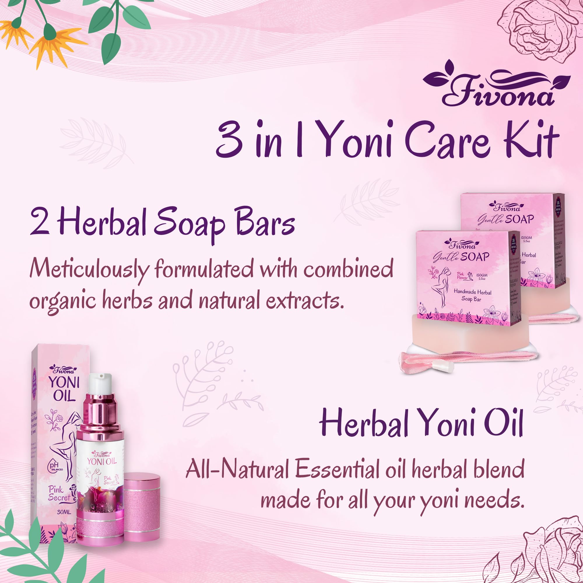 FIVONA 3 in 1 Set of Yoni Oil with 2 Yoni Soap Bars - Feminine pH Balanced Natural Vaginal Oil 30 ml FIVONA