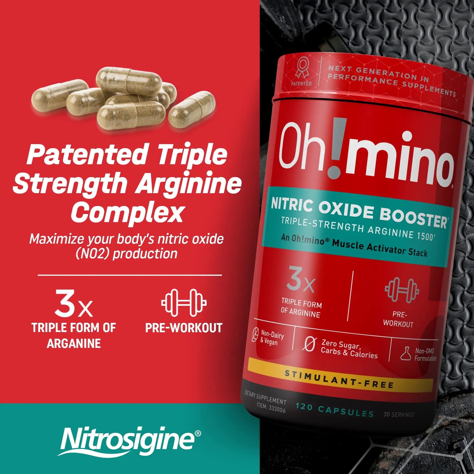 Oh!mino Nitric Oxide Supplement Activator Booster, Triple Strength L-Arginine for Energy, Endurance, Muscle Growth Builder, Pre Post Workout Pills - Natural Beet Root Powder, 30 Servings 120 Capsules