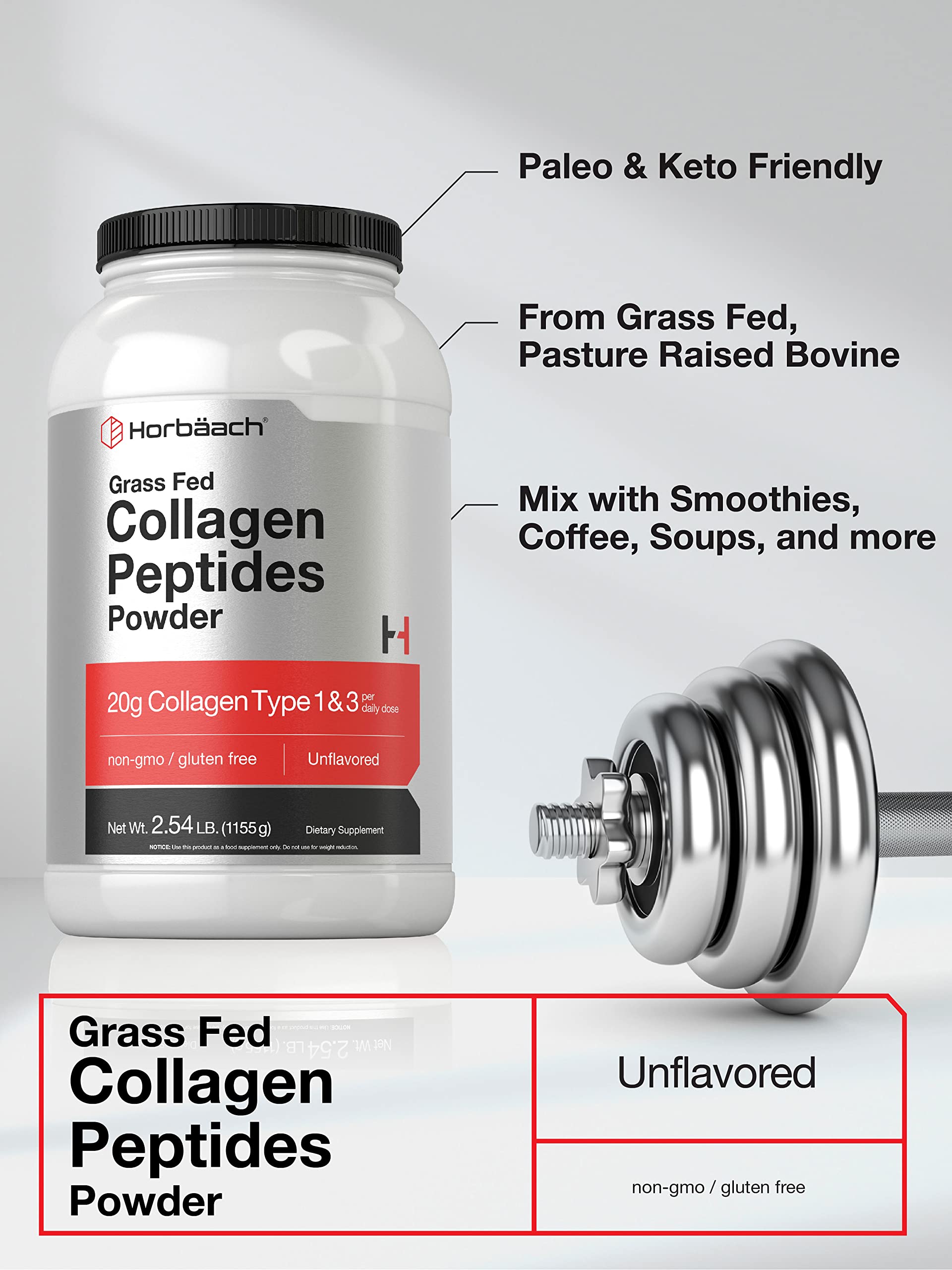 Collagen Peptides Powder 40 oz | Unflavored | Type 1 and 3 | Hydrolyzed Protein Collagen Horbäach