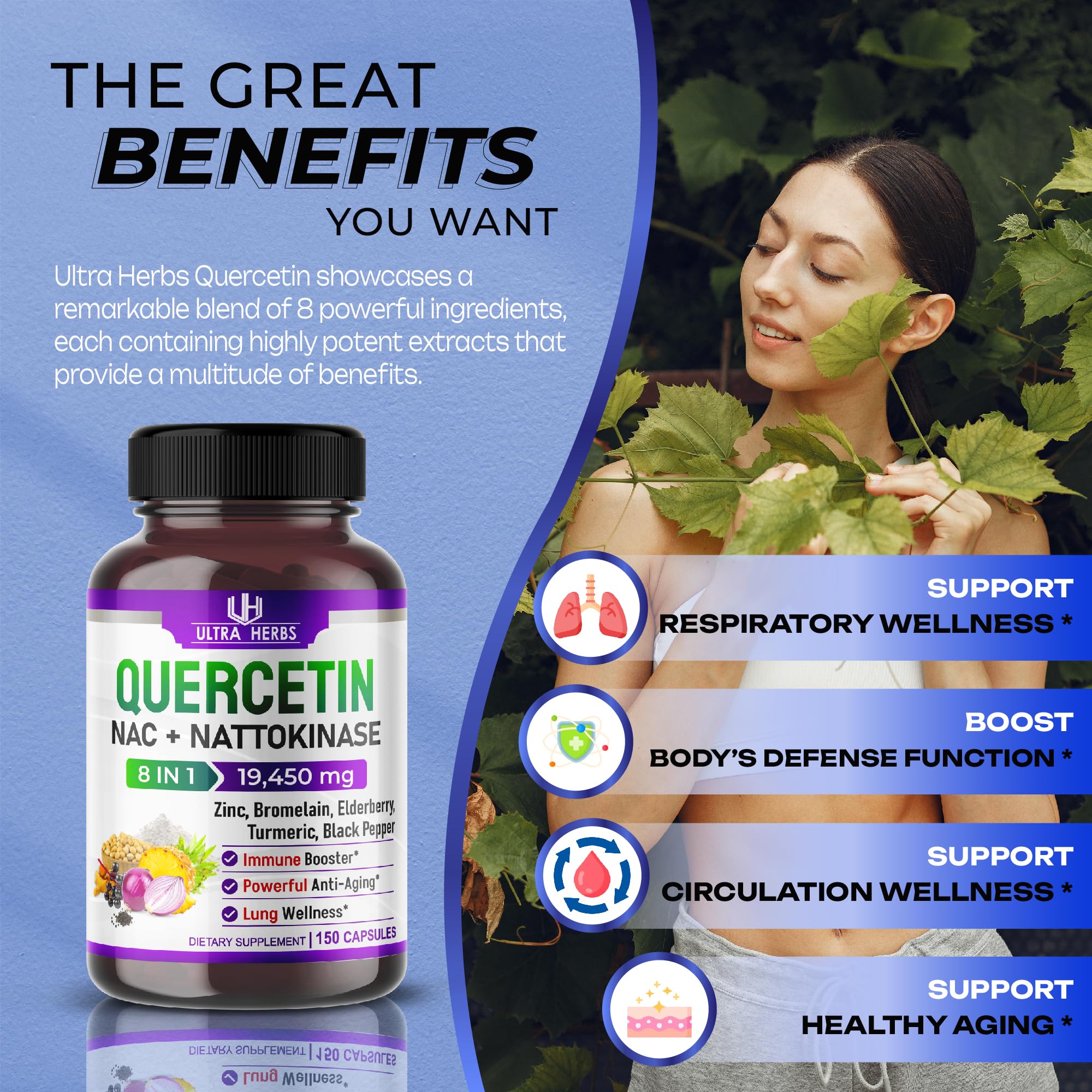 Quercetin 19,450mg 8 IN 1 with NAC, Nattokinase, Zinc, Bromelain, Elderberry, Turmeric ULTRA HERBS