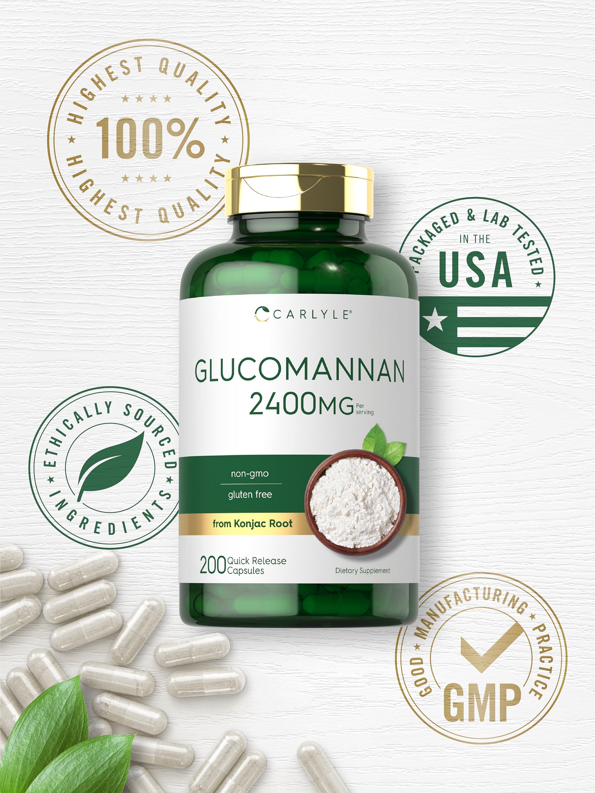 Carlyle Glucomannan Capsules | 200 Count | Soluble Fiber Pills | Non-GMO Carlyle