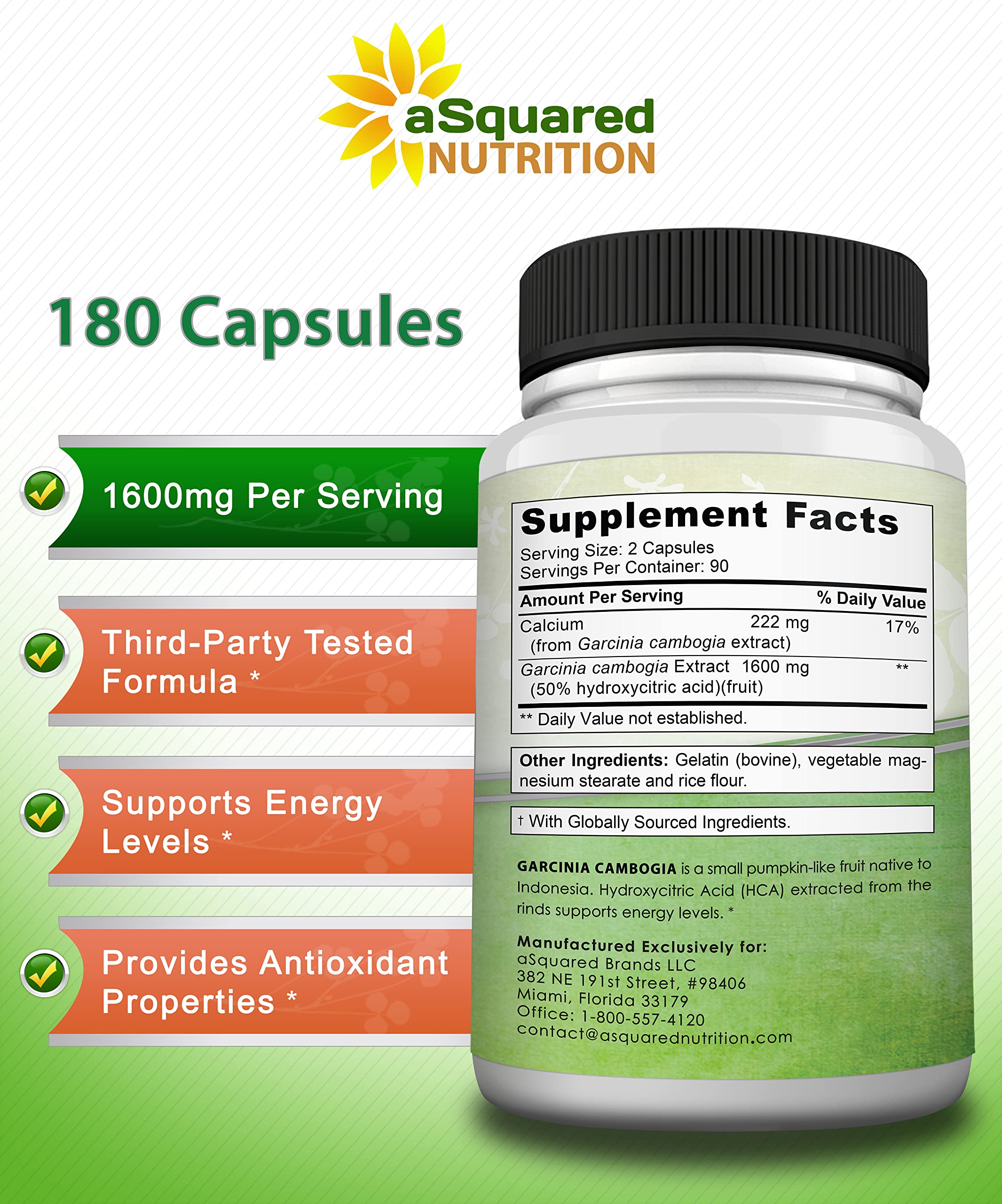 aSquared Nutrition Garcinia Cambogia 1600mg-180 Capsules-Natural Pure Extract Pills aSquared Nutrition