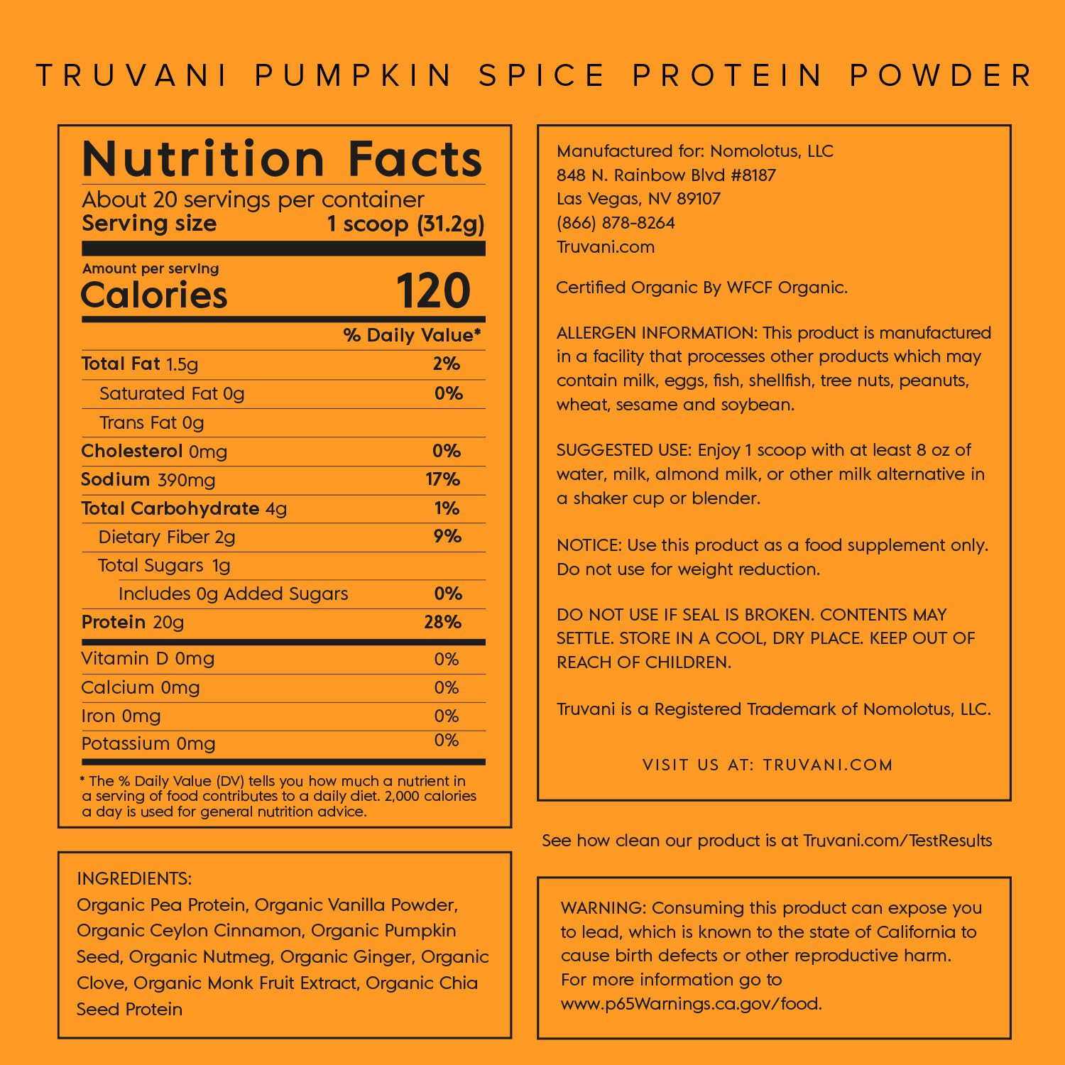 Truvani Organic Vegan Protein Powder Pumpkin Spice - 20g of Plant Based Protein Truvani