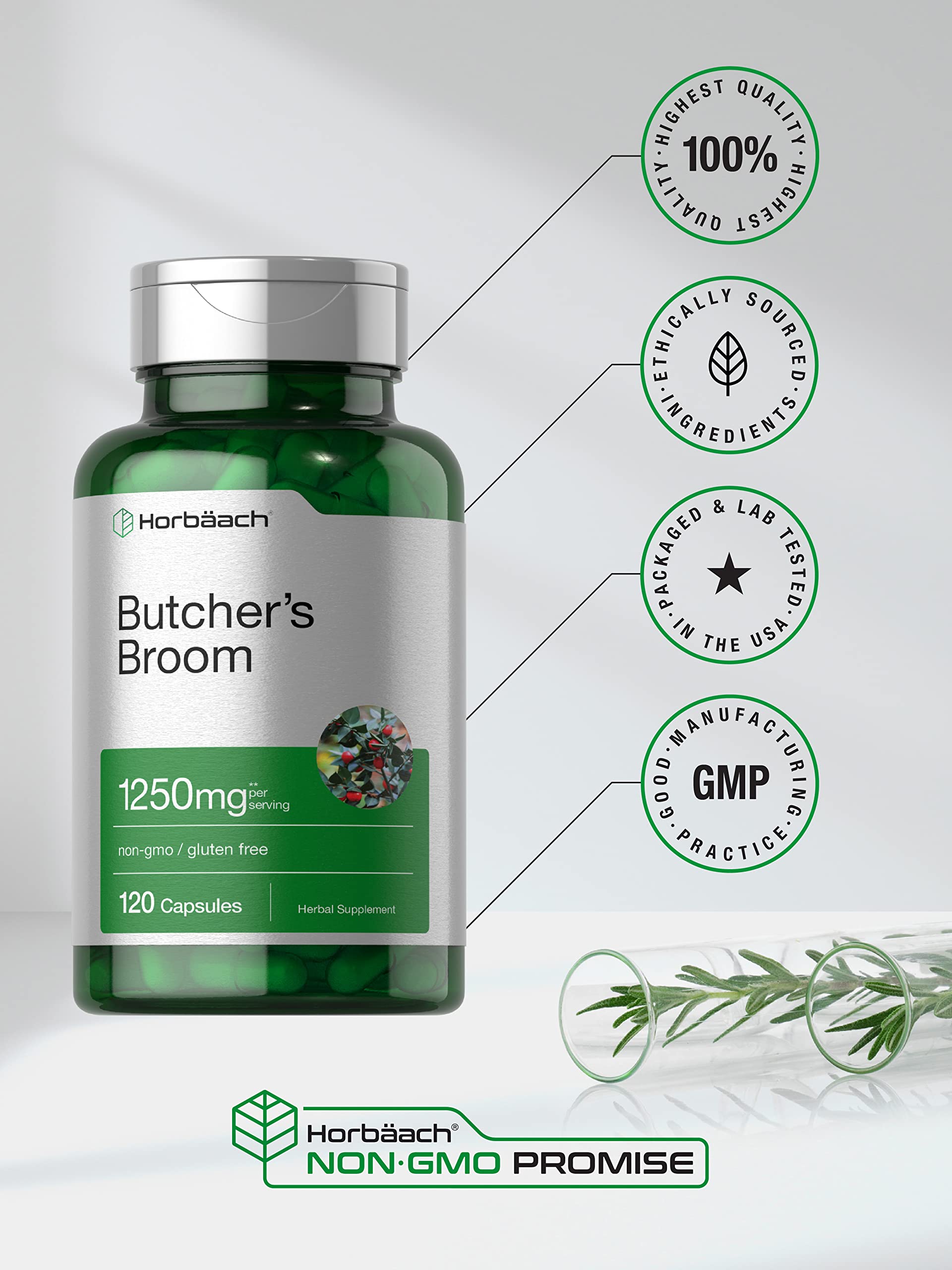 Butchers Broom Capsules 1250mg | 120 Count | Non-GMO, Gluten Free | Traditional Herb Horbäach