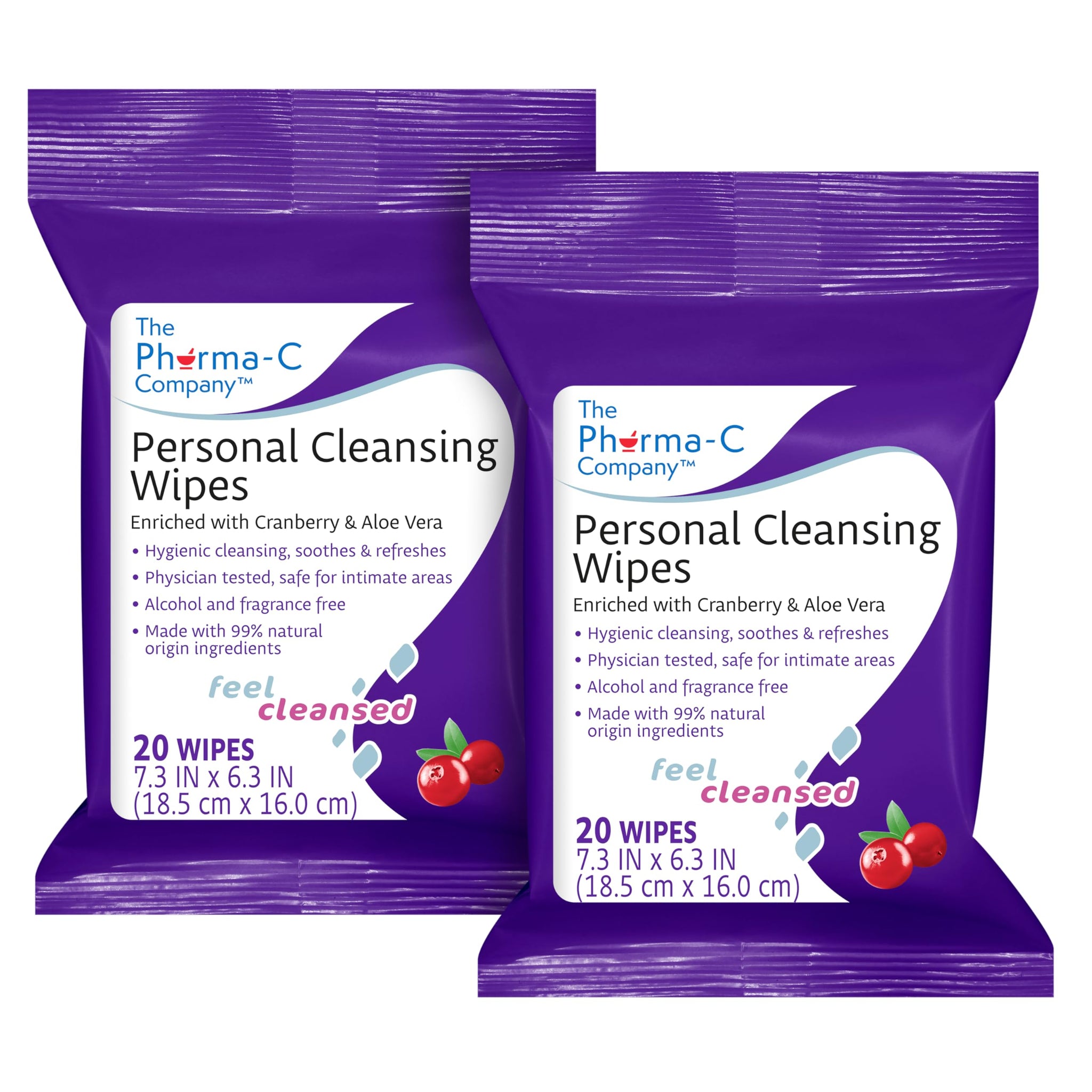 The Pharma-C Company Personal Cleansing Wipes [2 packs of 20 wipes] - Enriched with Cranberry & Aloe Vera